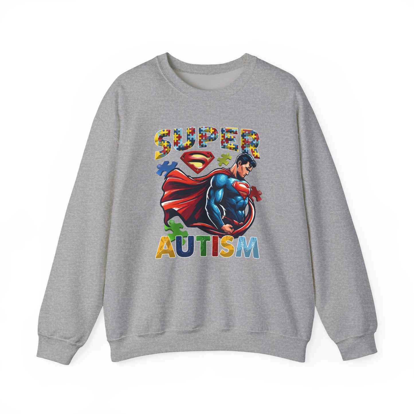 Autism Awareness Crewneck Sweatshirt – "Super Autism" Puzzle-Print Superhero Design