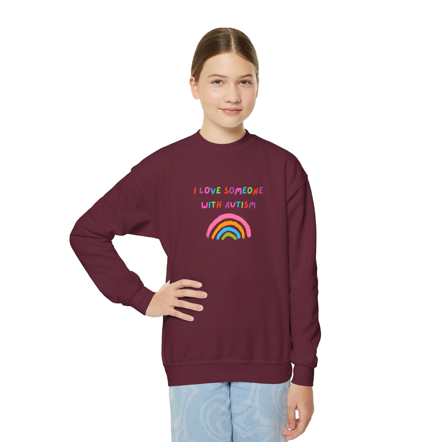 Youth Crewneck Sweatshirt — "I Love Someone With Autism" Rainbow Awareness Pullover