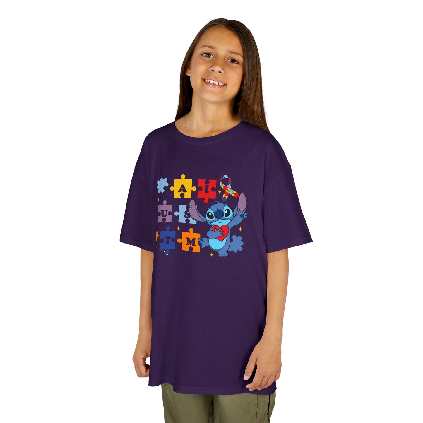 Autism Puzzle Ribbon Kids Tee — Cute Stitch Awareness T-Shirt