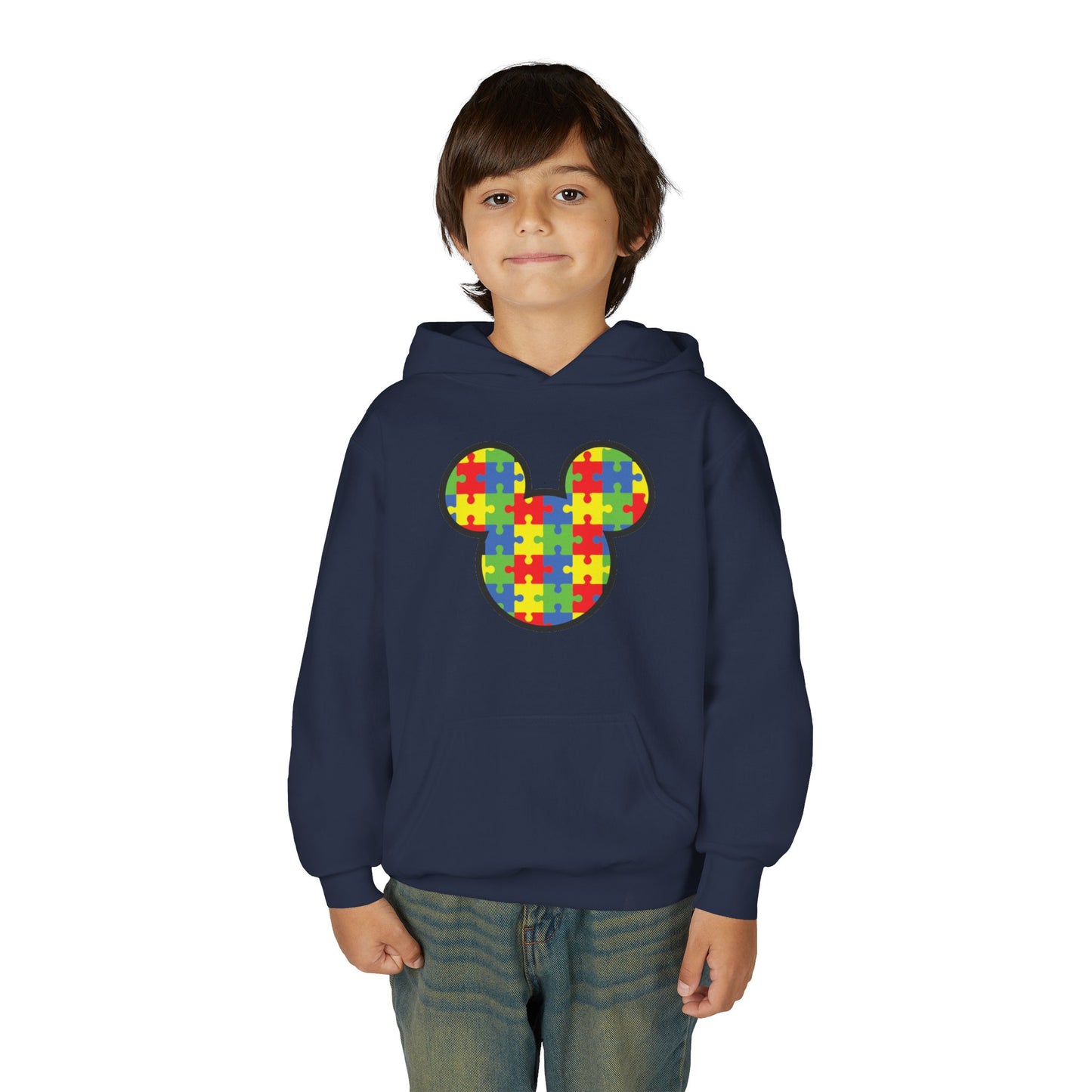 Colorful Puzzle Mickey Mouse Youth Hoodie - Perfect for Autism Awareness