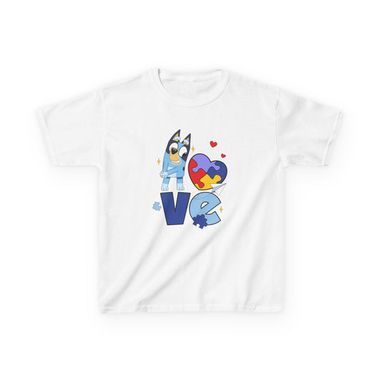 Kids Tee — 'LOVE' Puzzle Heart & Cartoon Character Autism Awareness Shirt