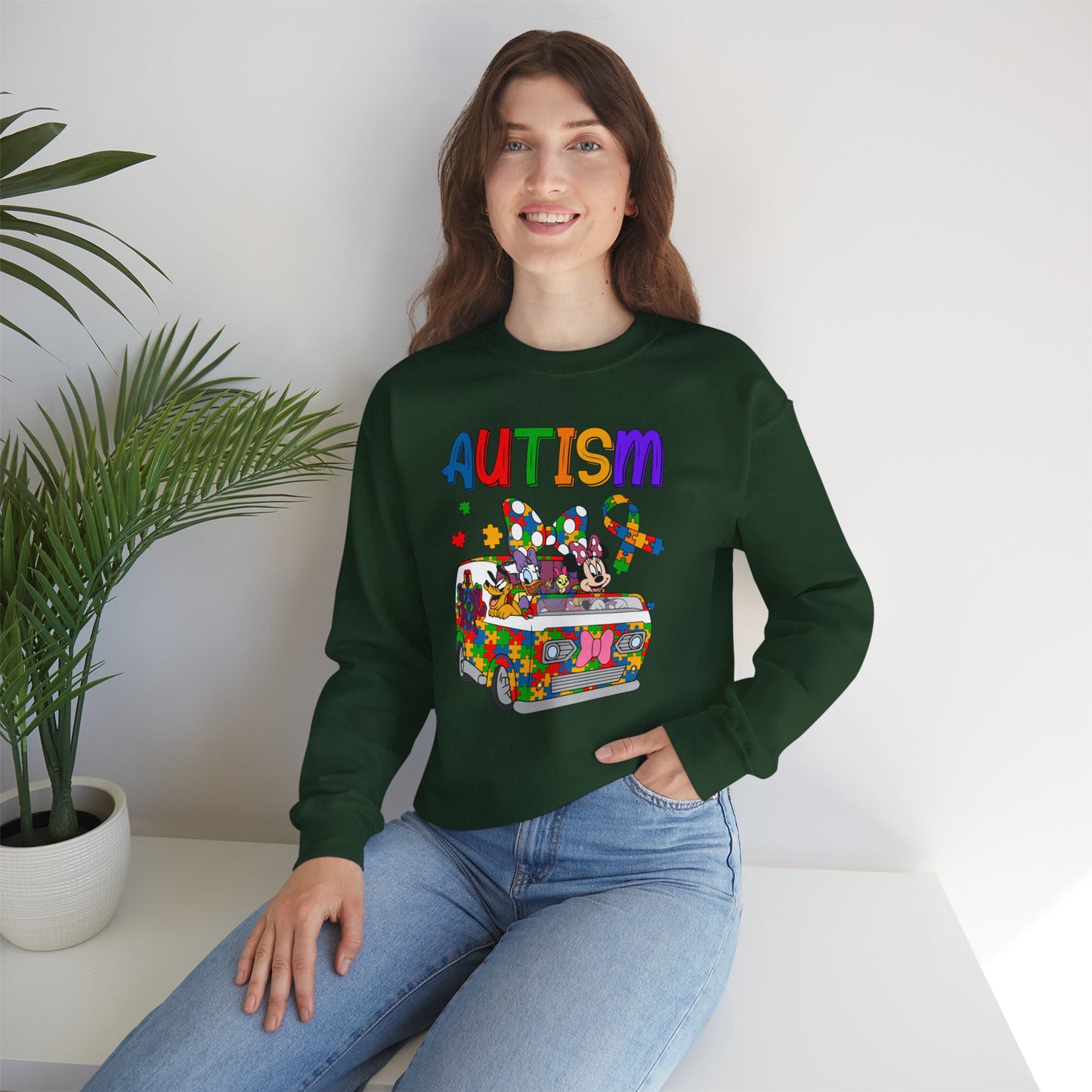 Autism Awareness Crewneck Sweatshirt — Colorful Puzzle Van Design