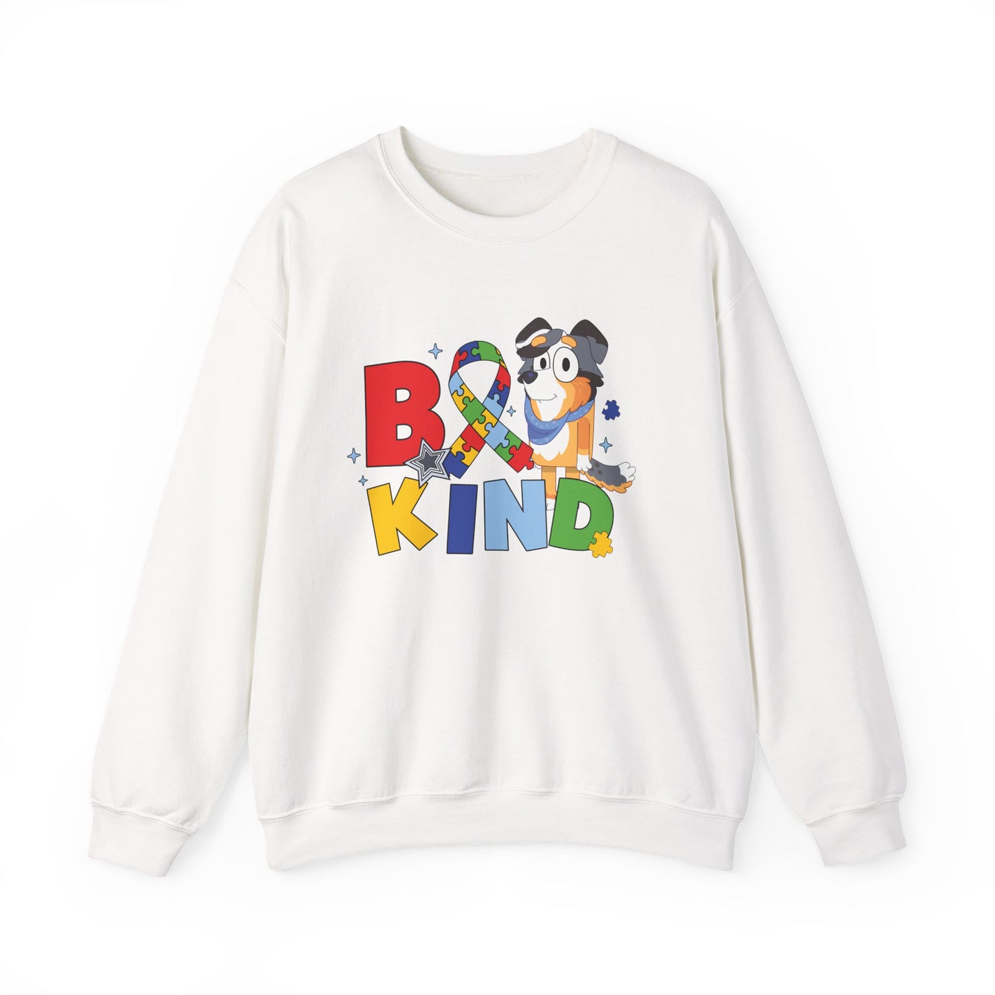 Be Kind Crewneck Sweatshirt — Autism Awareness Puzzle Ribbon Dog Design