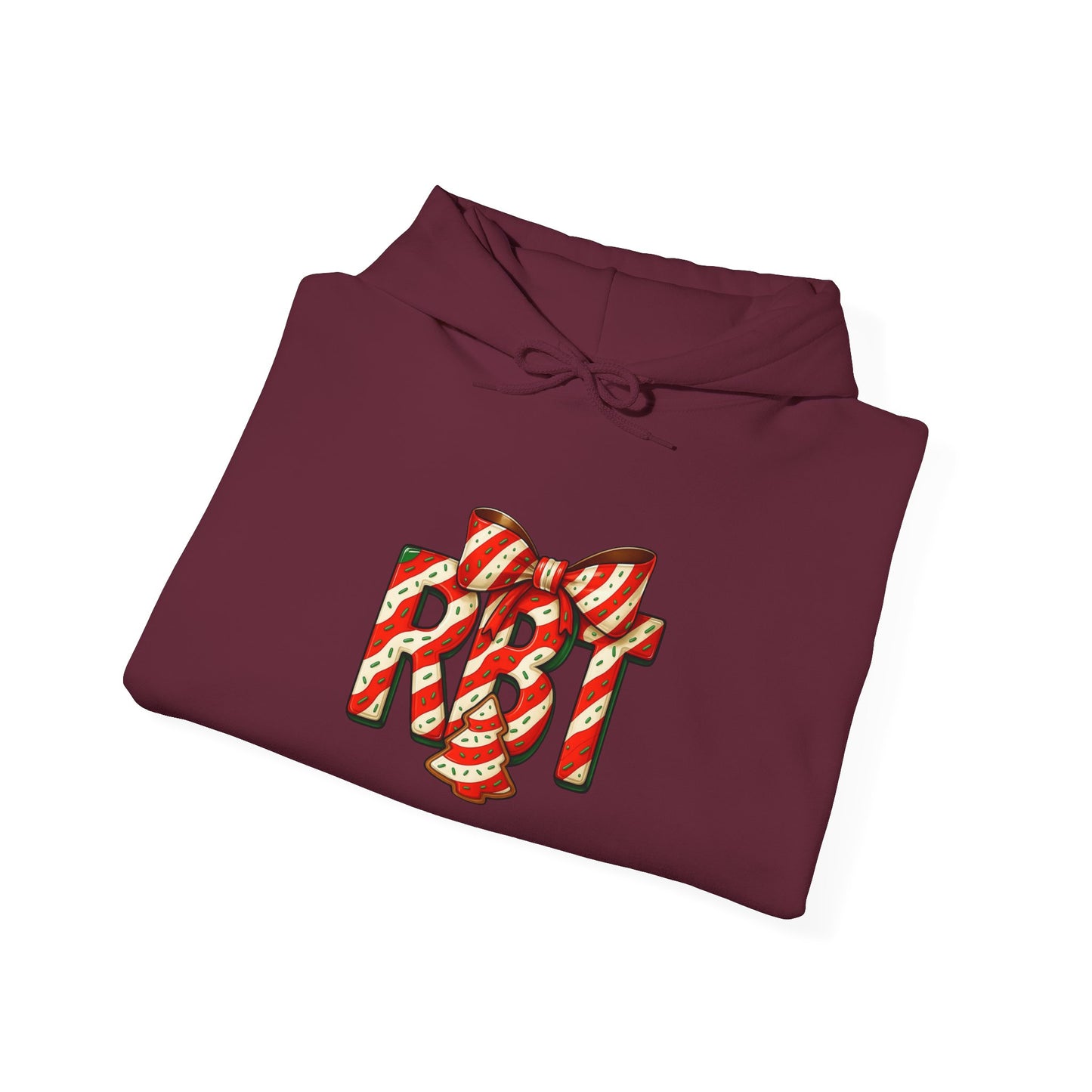 Lil Debbie 'RBT' Tree Cake Holiday Graphic Hoodie — Festive Red Striped Bow Holiday Sweatshirt