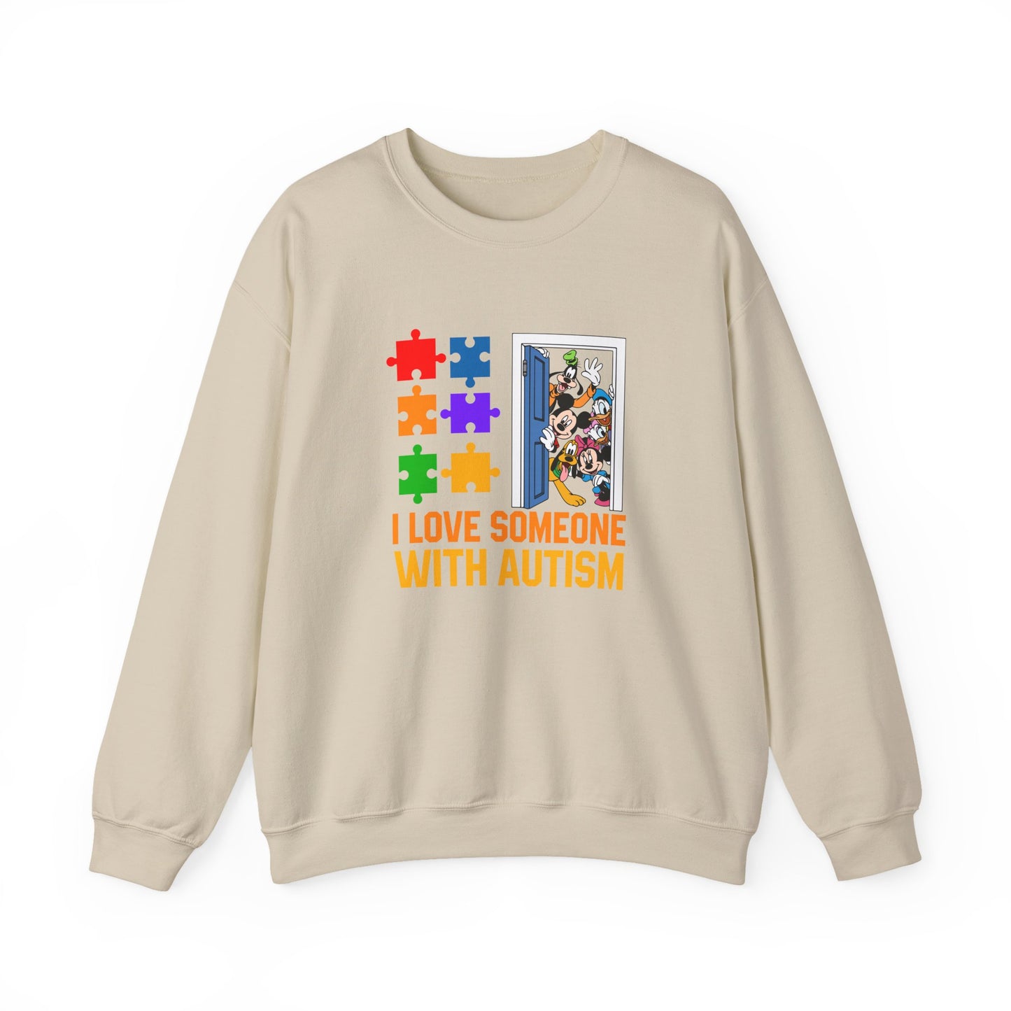 Autism Awareness Crewneck Sweatshirt — "I Love Someone With Autism" Puzzle Heart Design