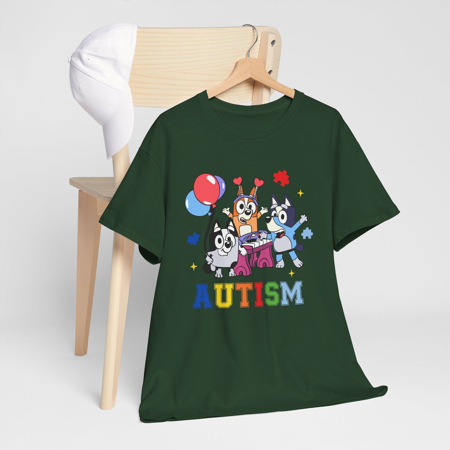 Autism Awareness Kids Tee — Colorful Cartoon Characters with 'AUTISM' Text