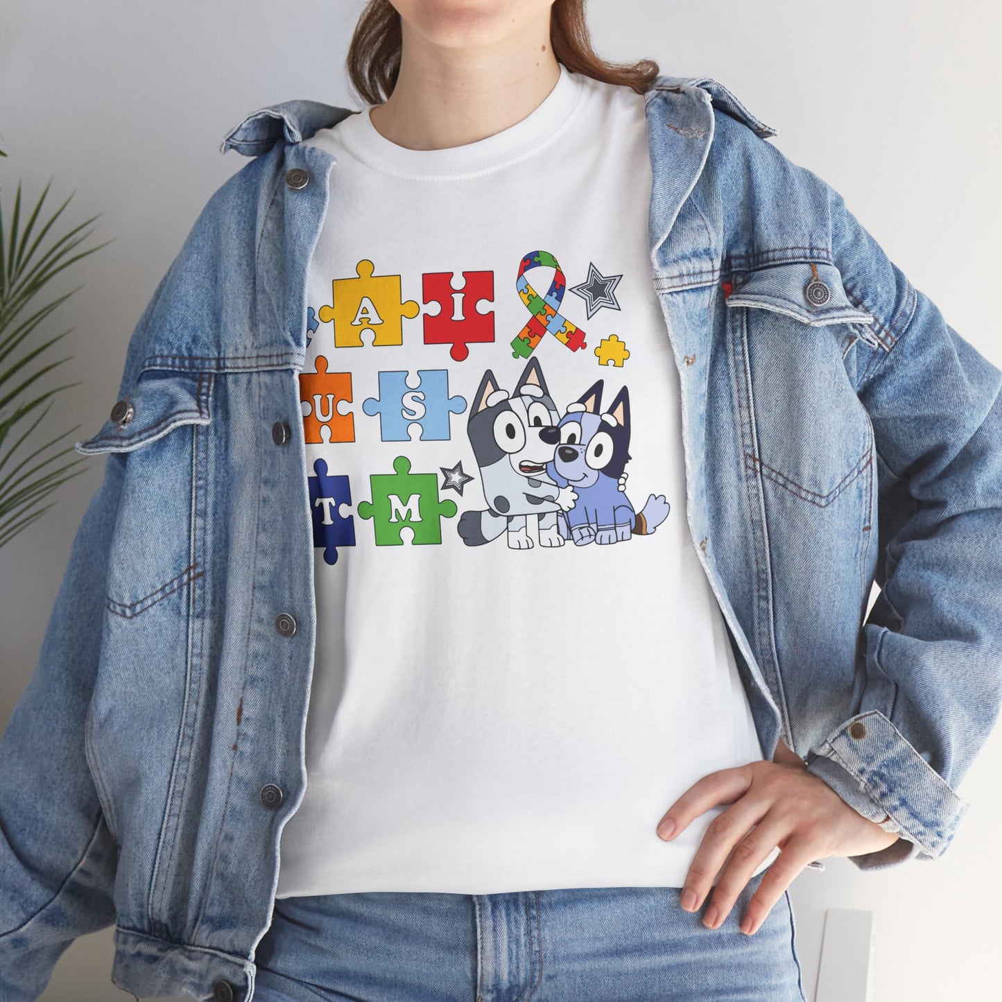Autism Awareness Puzzle Pieces T-Shirt with Cute Husky & Ribbon