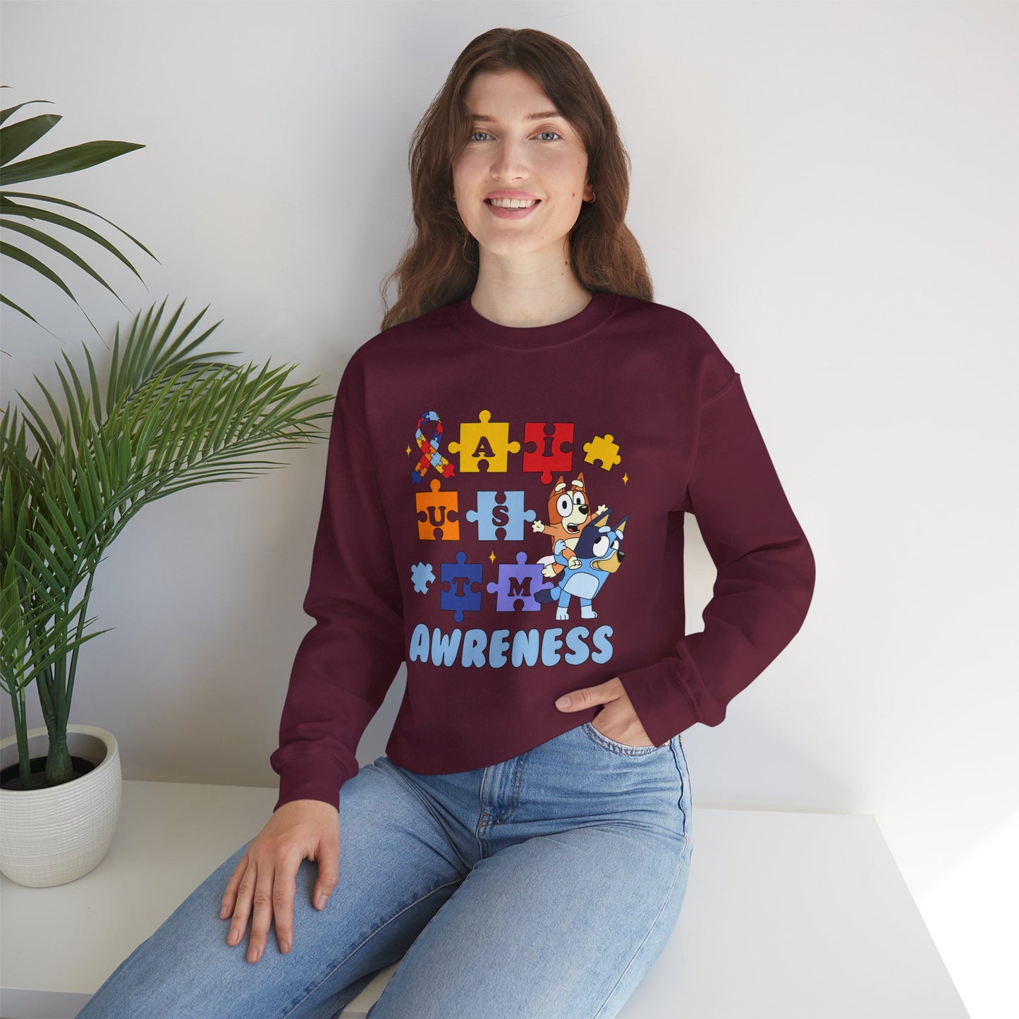Autism Awareness Crewneck Sweatshirt — Puzzle Ribbon Support Design