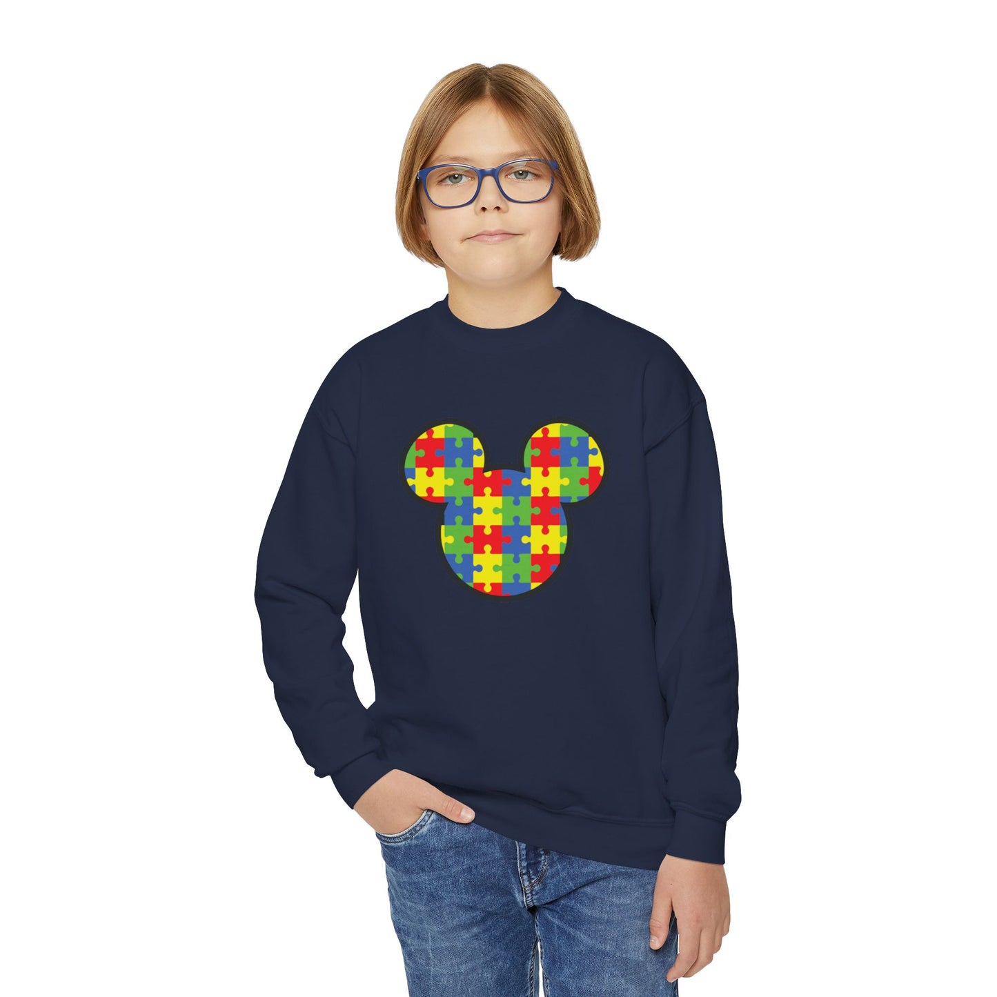 Puzzle Mickey Youth Crewneck Sweatshirt - Colorful Autism Awareness Design