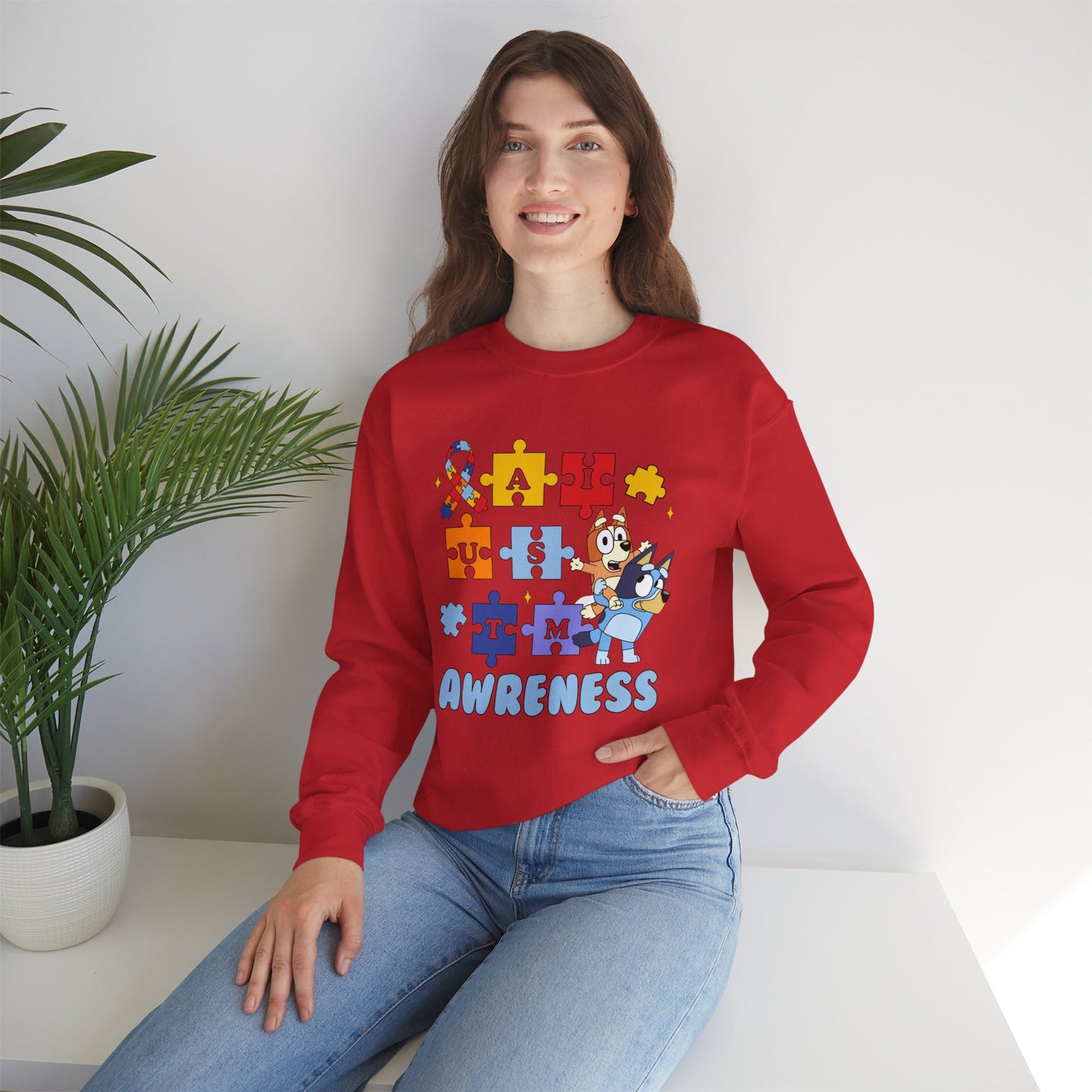 Autism Awareness Crewneck Sweatshirt — Puzzle Ribbon Support Design