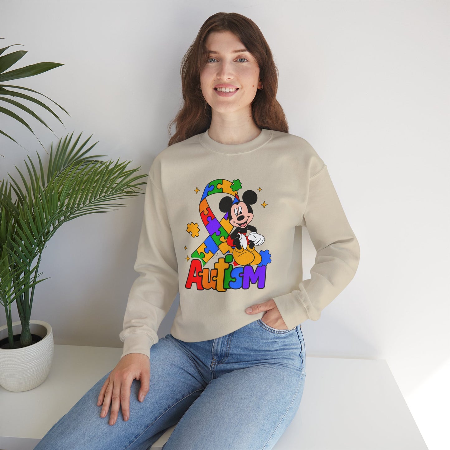 Autism Awareness Crewneck Sweatshirt — Colorful Puzzle Ribbon Design