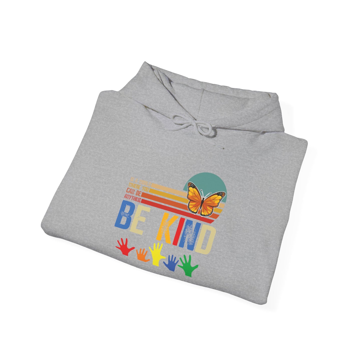 Be Kind Rainbow Hoodie — Retro Sunset Hands Kindness Sweatshirt