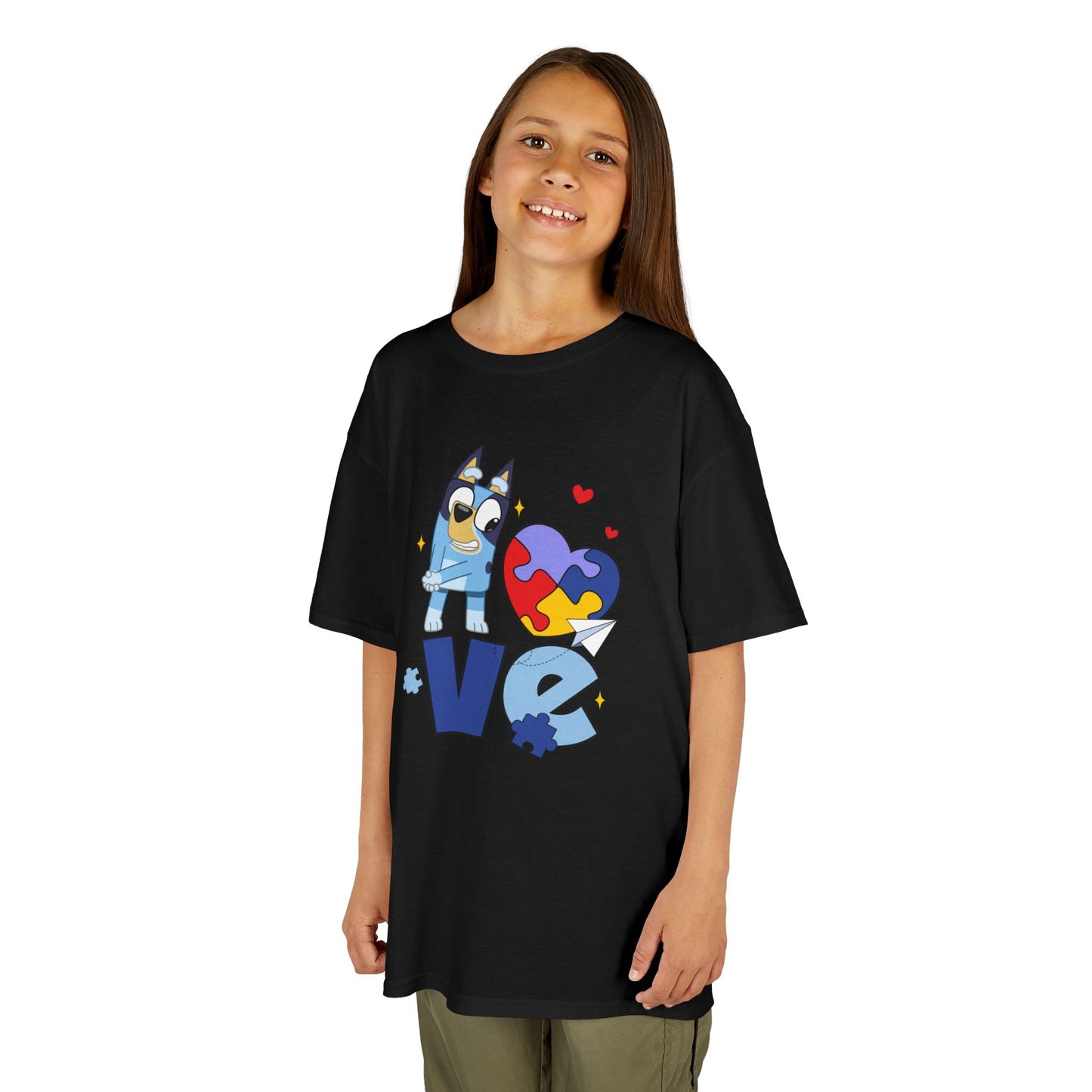 Kids Tee — 'LOVE' Puzzle Heart & Cartoon Character Autism Awareness Shirt