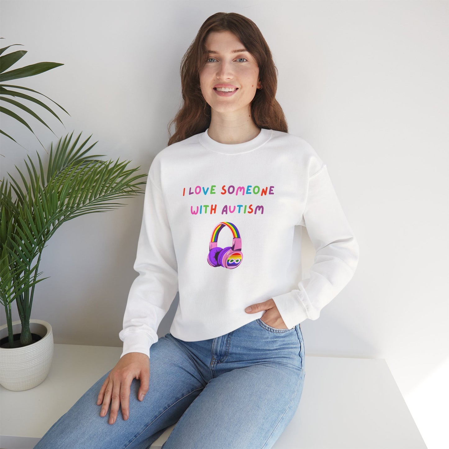 Autism Support Crewneck Sweatshirt — "I Love Someone With Autism" Rainbow Headphones