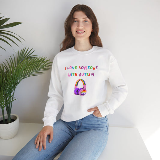 Autism Support Crewneck Sweatshirt — "I Love Someone With Autism" Rainbow Headphones