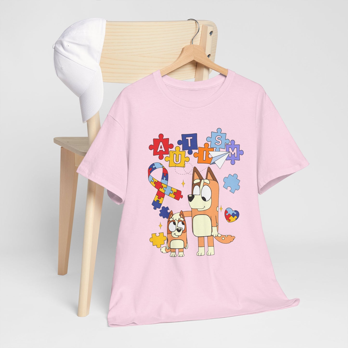 Autism Awareness Puzzle Ribbon Tee — Cute Red Dog Family Design