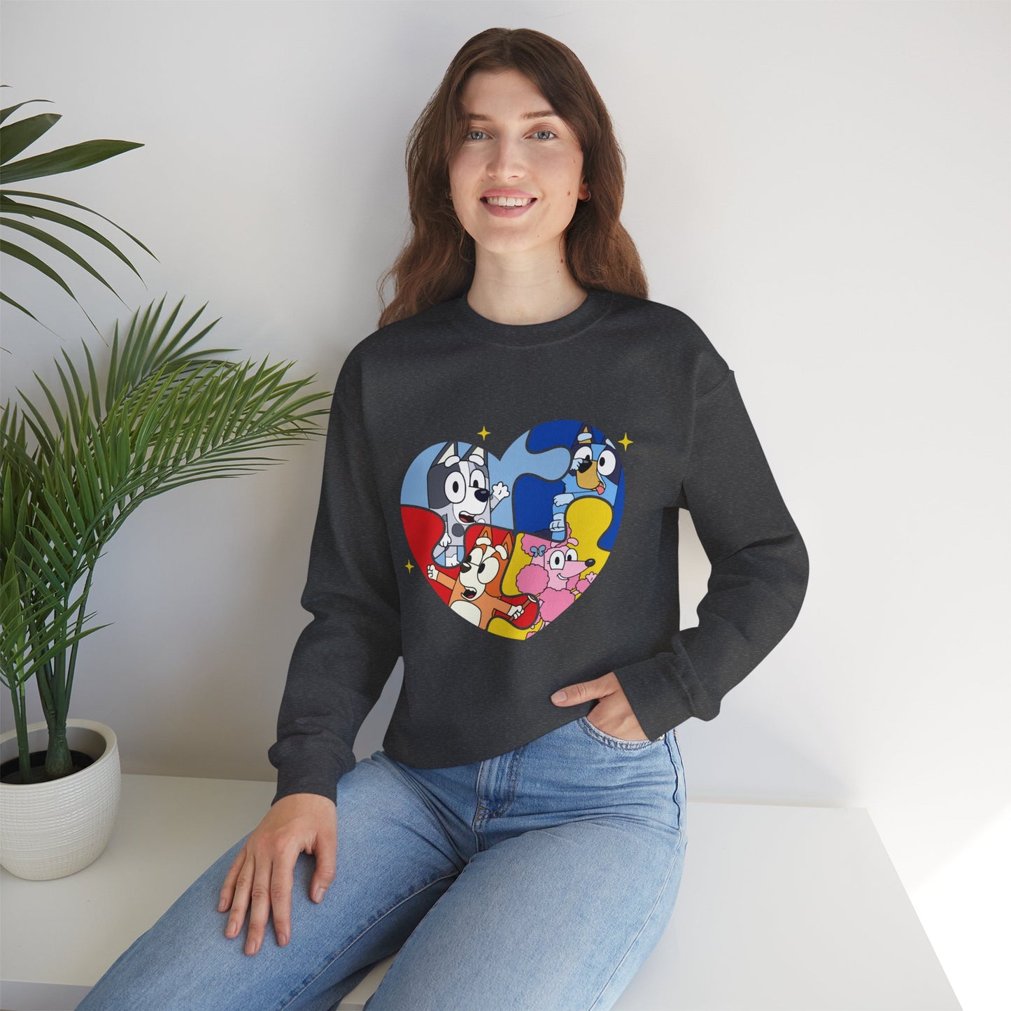 Cartoon Heart Crewneck Sweatshirt — Cute Colorful Character Patch Design