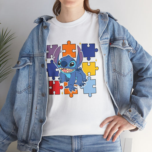Puzzle Pieces Tee — Cute Blue Alien Character on Colorful Autism Puzzle Background