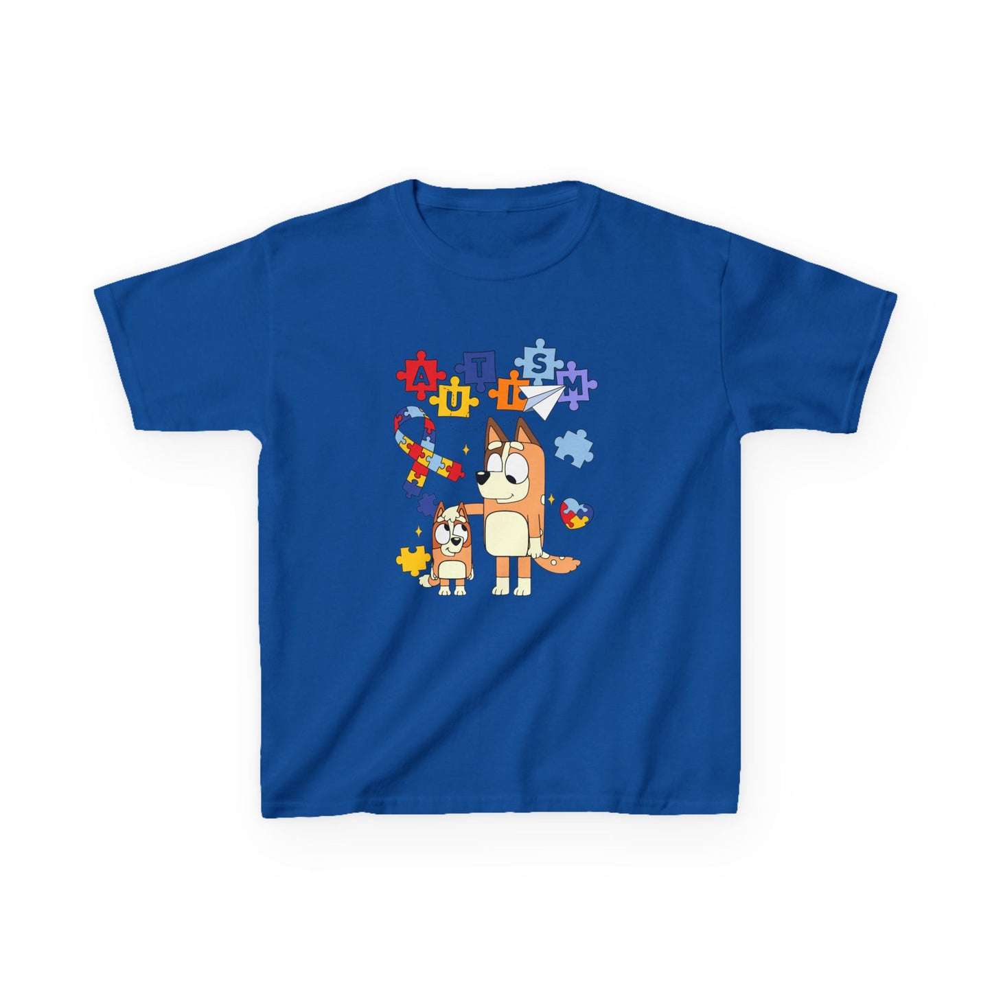 Kids Autism Awareness T-Shirt — Colorful Puzzle Heart & Cartoon Dog Design