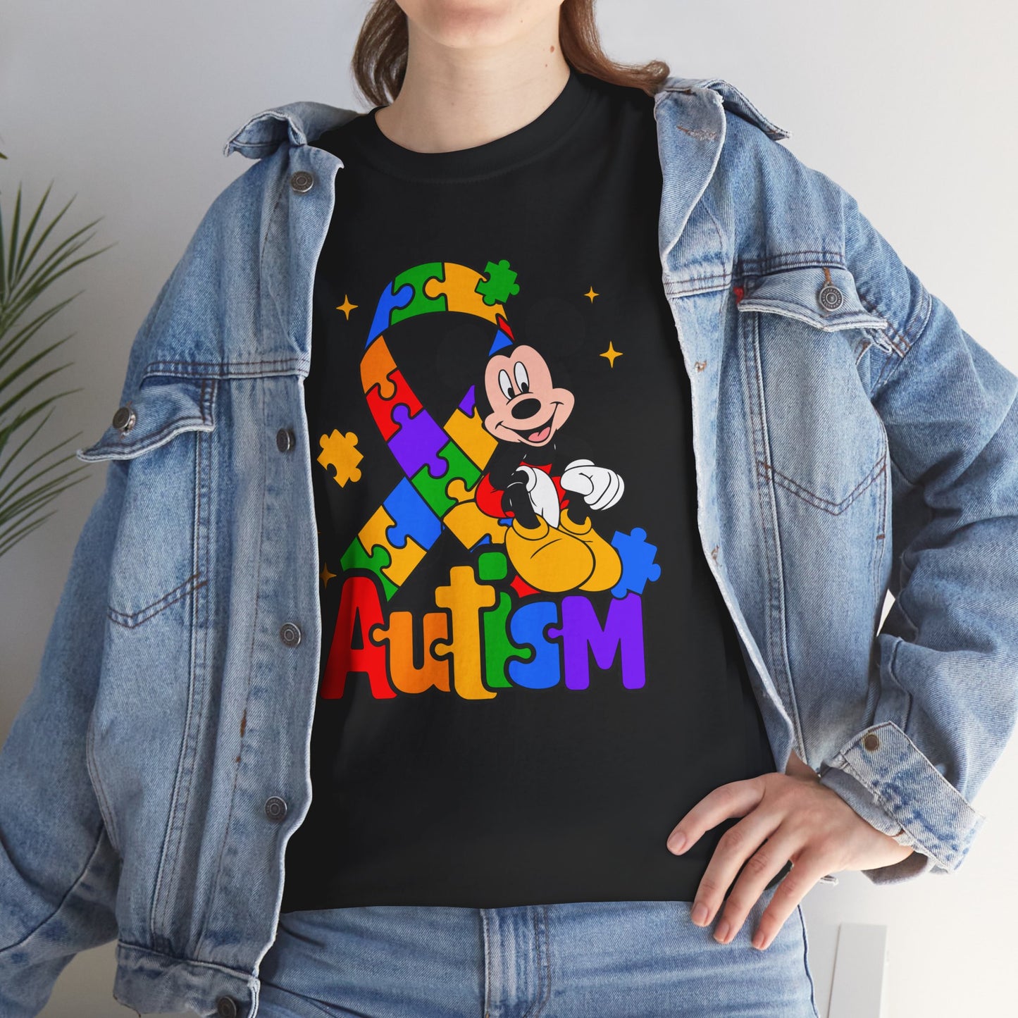 Autism Awareness Tee — Colorful Puzzle Ribbon & Cartoon Mouse Design