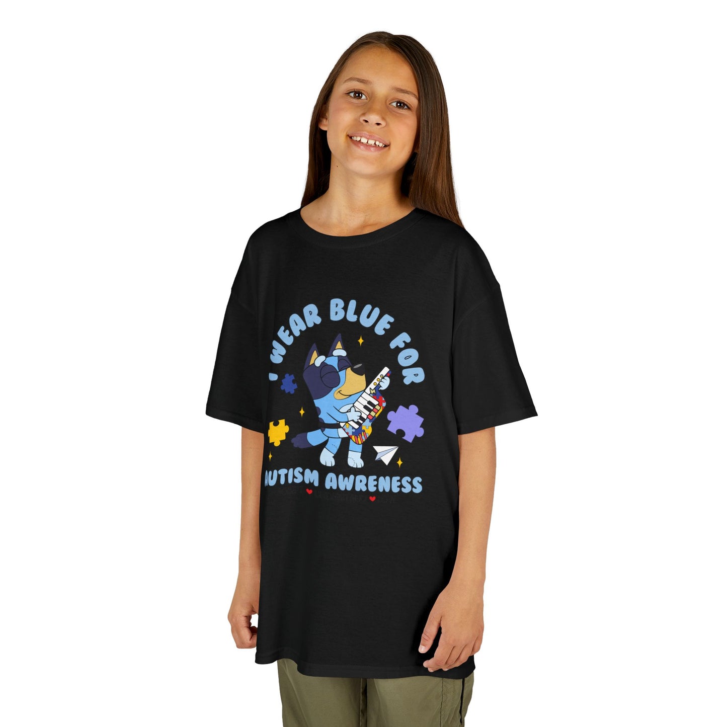 Kids Tee — 'I Wear Blue for Autism Awareness' Cute Puzzle-Heart Design