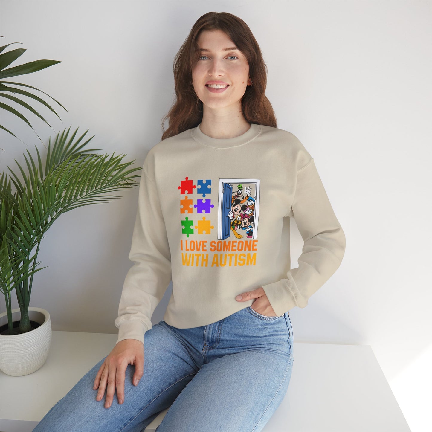 Autism Awareness Crewneck Sweatshirt — "I Love Someone With Autism" Puzzle Heart Design