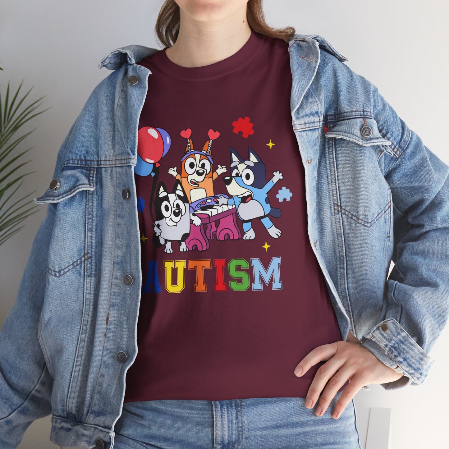 Autism Awareness Kids Tee — Colorful Cartoon Characters with 'AUTISM' Text
