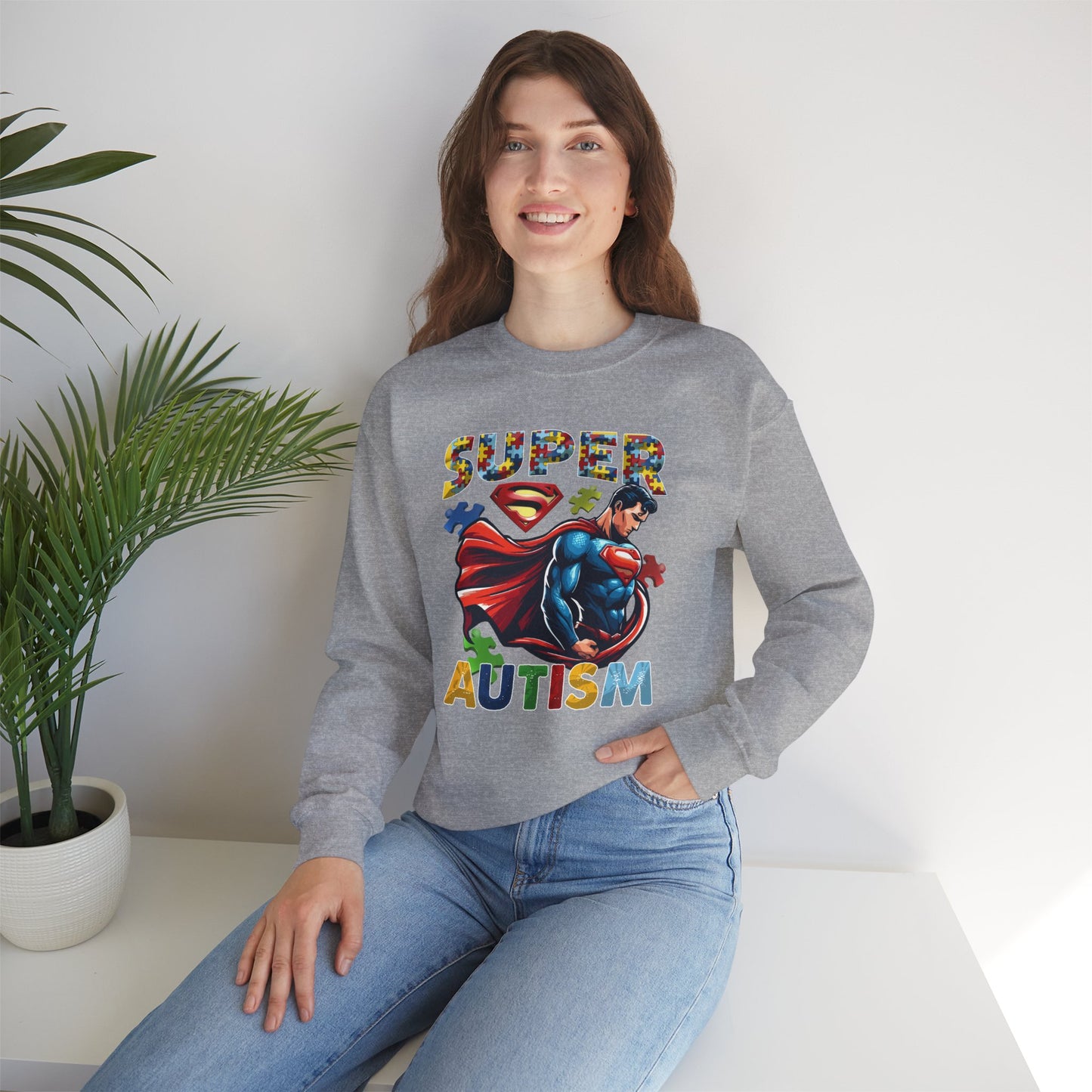 Autism Awareness Crewneck Sweatshirt – "Super Autism" Puzzle-Print Superhero Design
