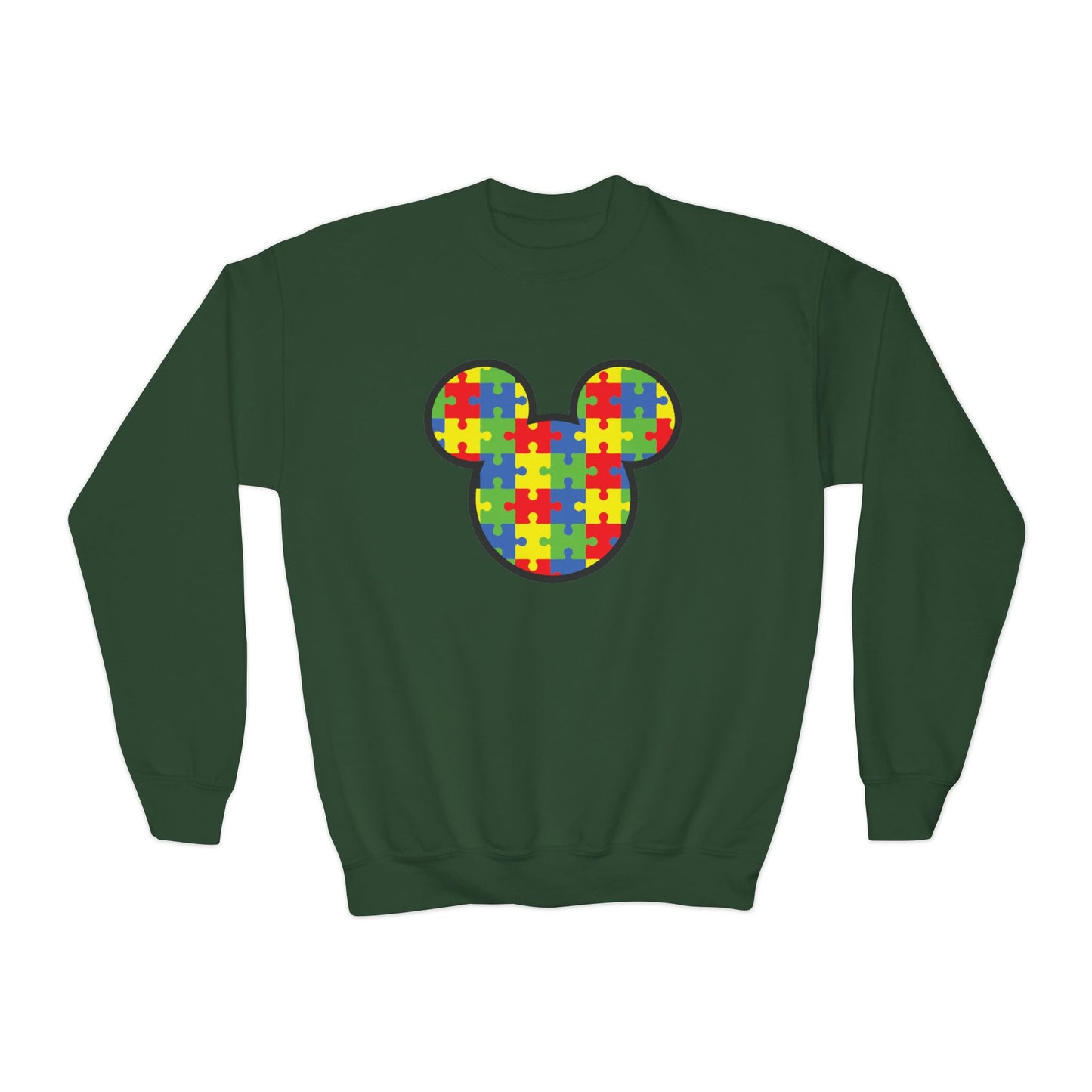 Puzzle Mickey Youth Crewneck Sweatshirt - Colorful Autism Awareness Design