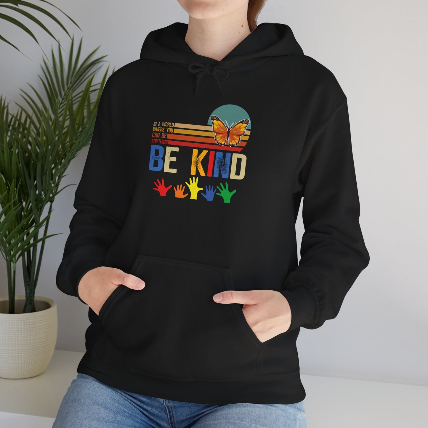 Be Kind Rainbow Hoodie — Retro Sunset Hands Kindness Sweatshirt