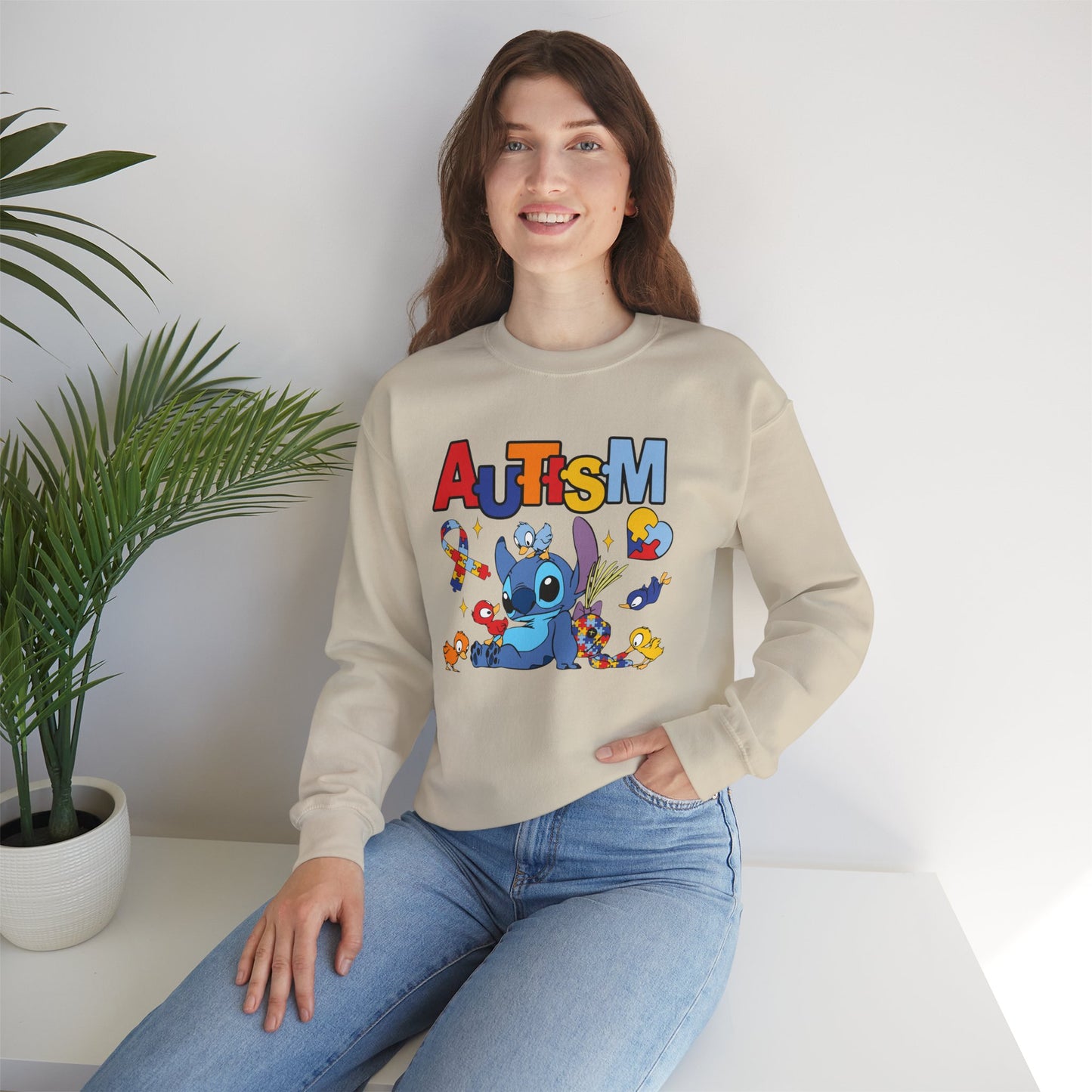 Autism Awareness Crewneck Sweatshirt — Colorful Puzzle Ribbon Stitch-Inspired Design