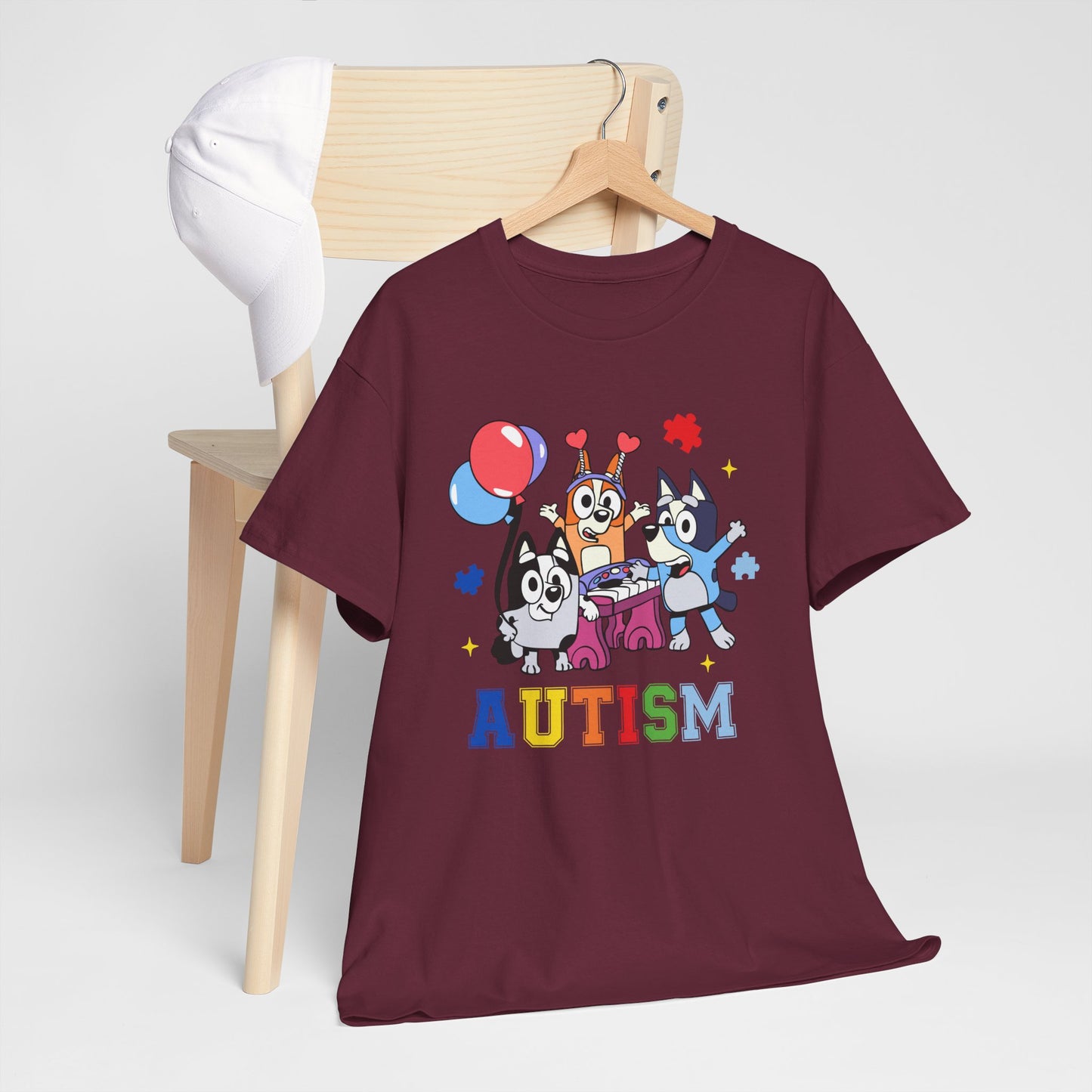 Autism Awareness Kids Tee — Colorful Cartoon Characters with 'AUTISM' Text