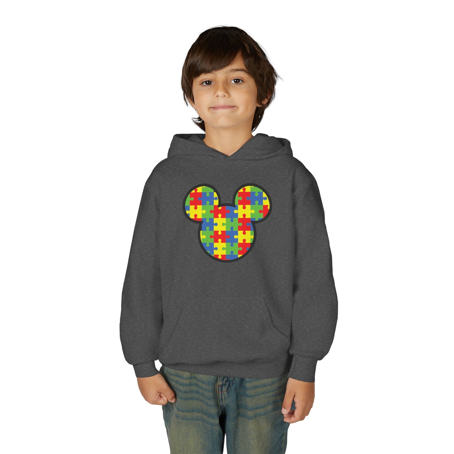 Colorful Puzzle Mickey Mouse Youth Hoodie - Perfect for Autism Awareness