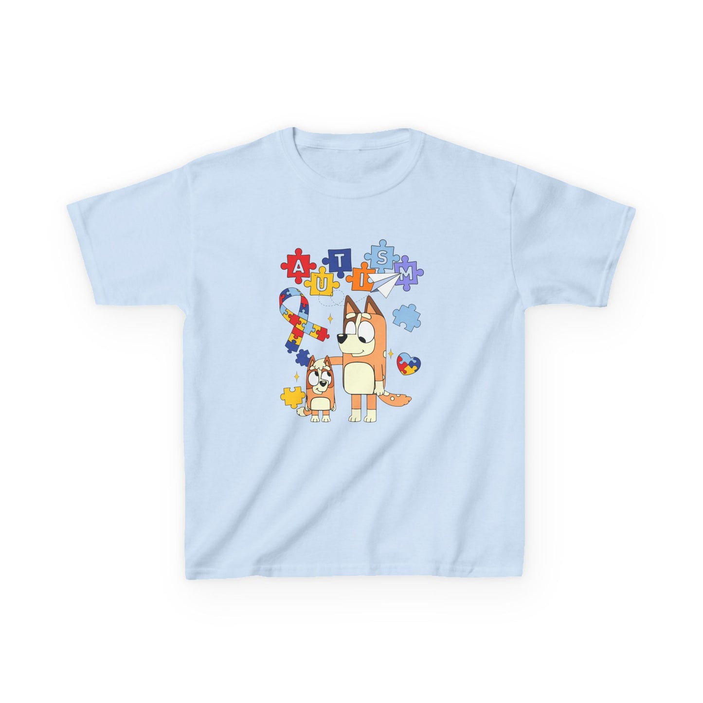 Kids Autism Awareness T-Shirt — Colorful Puzzle Heart & Cartoon Dog Design
