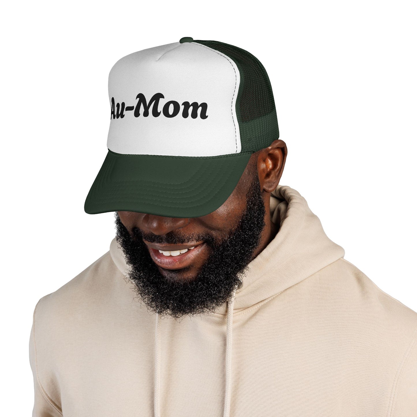 Au-Mom Trucker Cap — Cute Script Mom Hat for Au Pair & Nanny Gifts
