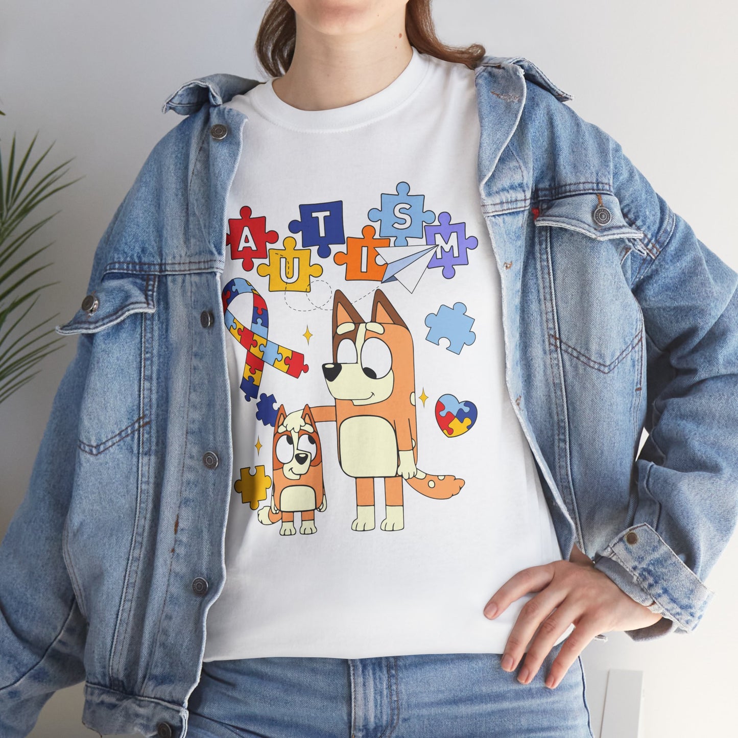 Autism Awareness Puzzle Ribbon Tee — Cute Red Dog Family Design