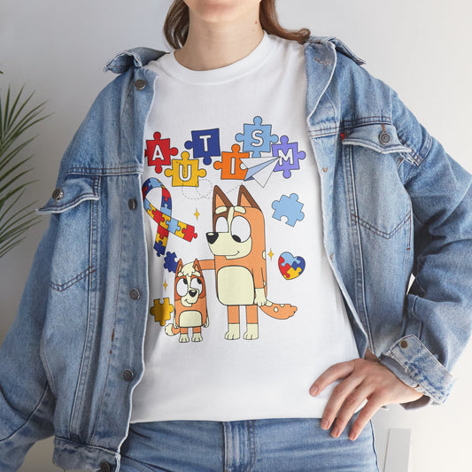 Autism Awareness Puzzle Ribbon Tee — Cute Red Dog Family Design