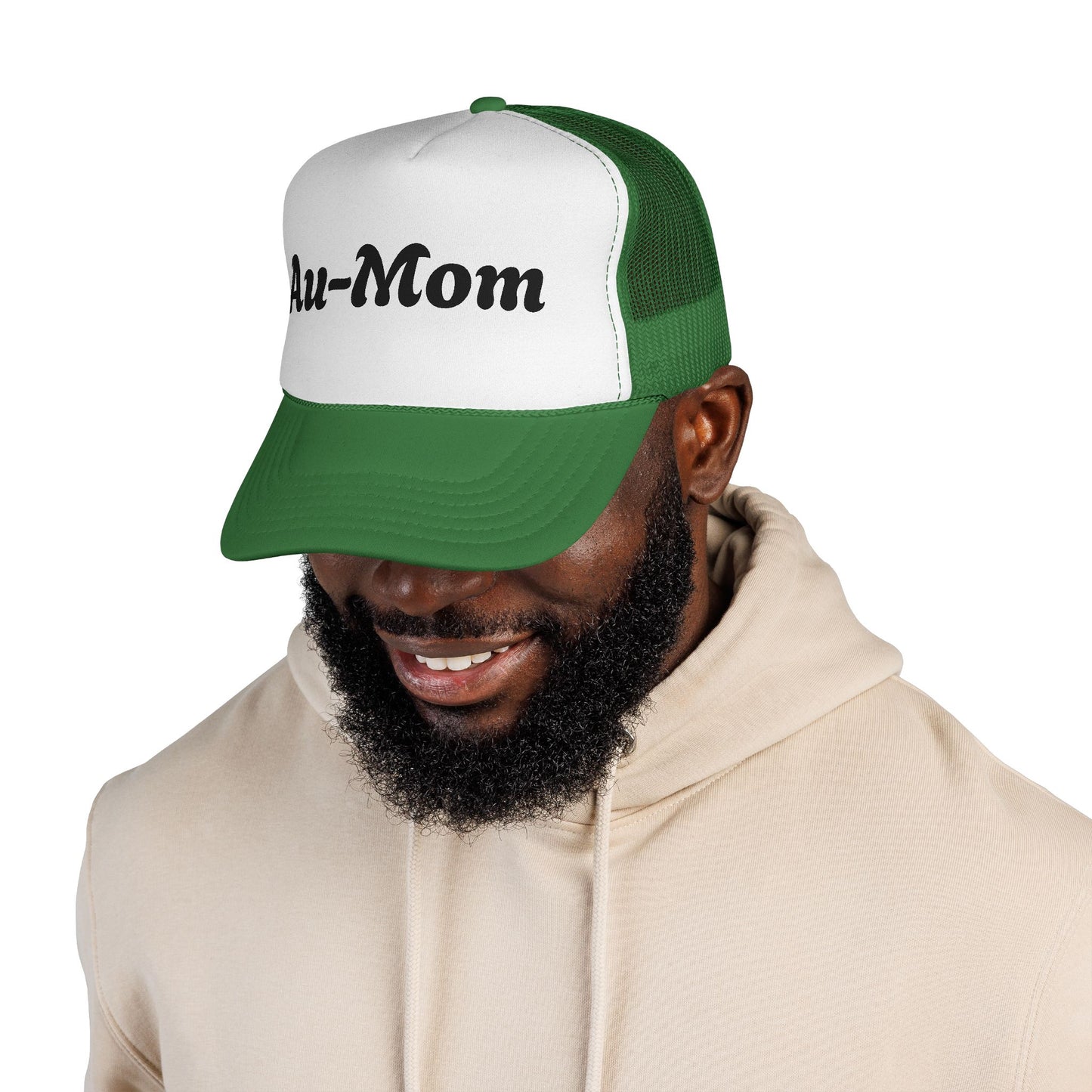 Au-Mom Trucker Cap — Cute Script Mom Hat for Au Pair & Nanny Gifts
