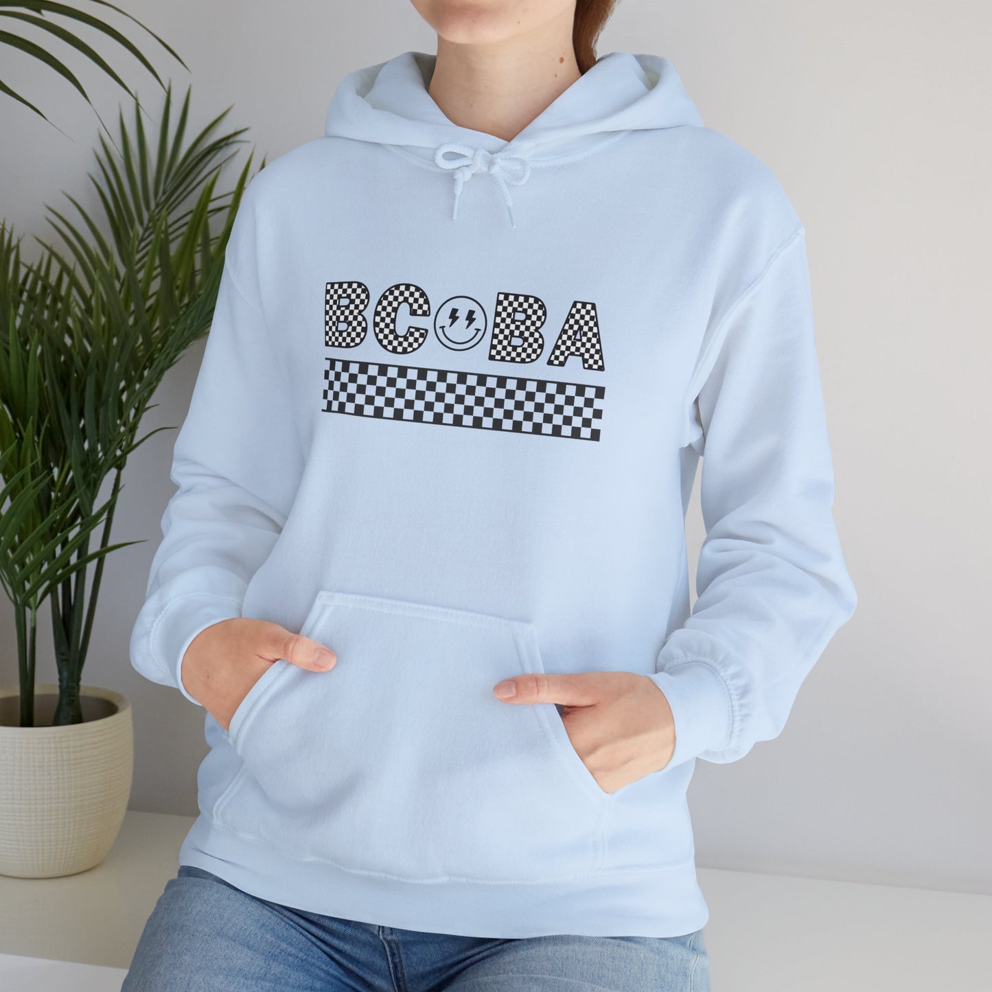 BCBA Smile Checkerboard Hoodie — Cute Bubble Tea Graphic Sweatshirt