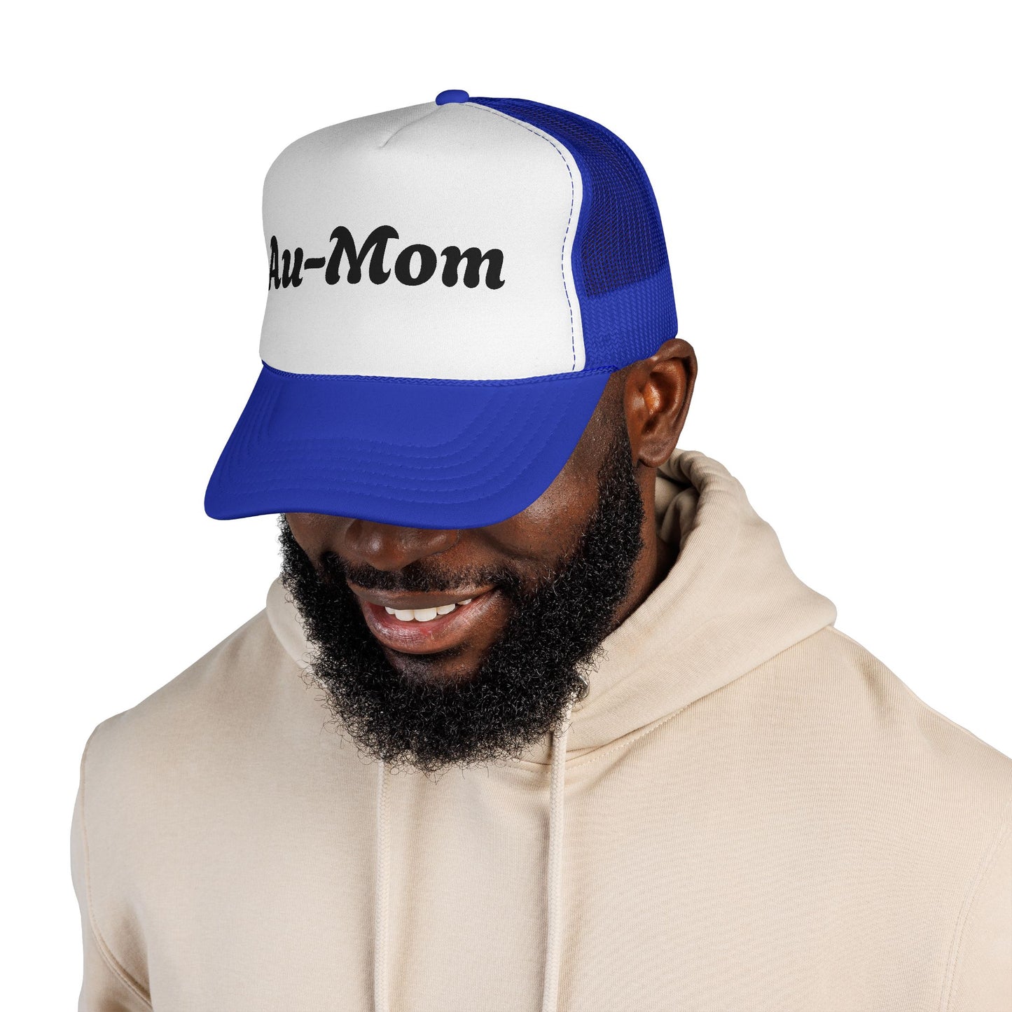 Au-Mom Trucker Cap — Cute Script Mom Hat for Au Pair & Nanny Gifts