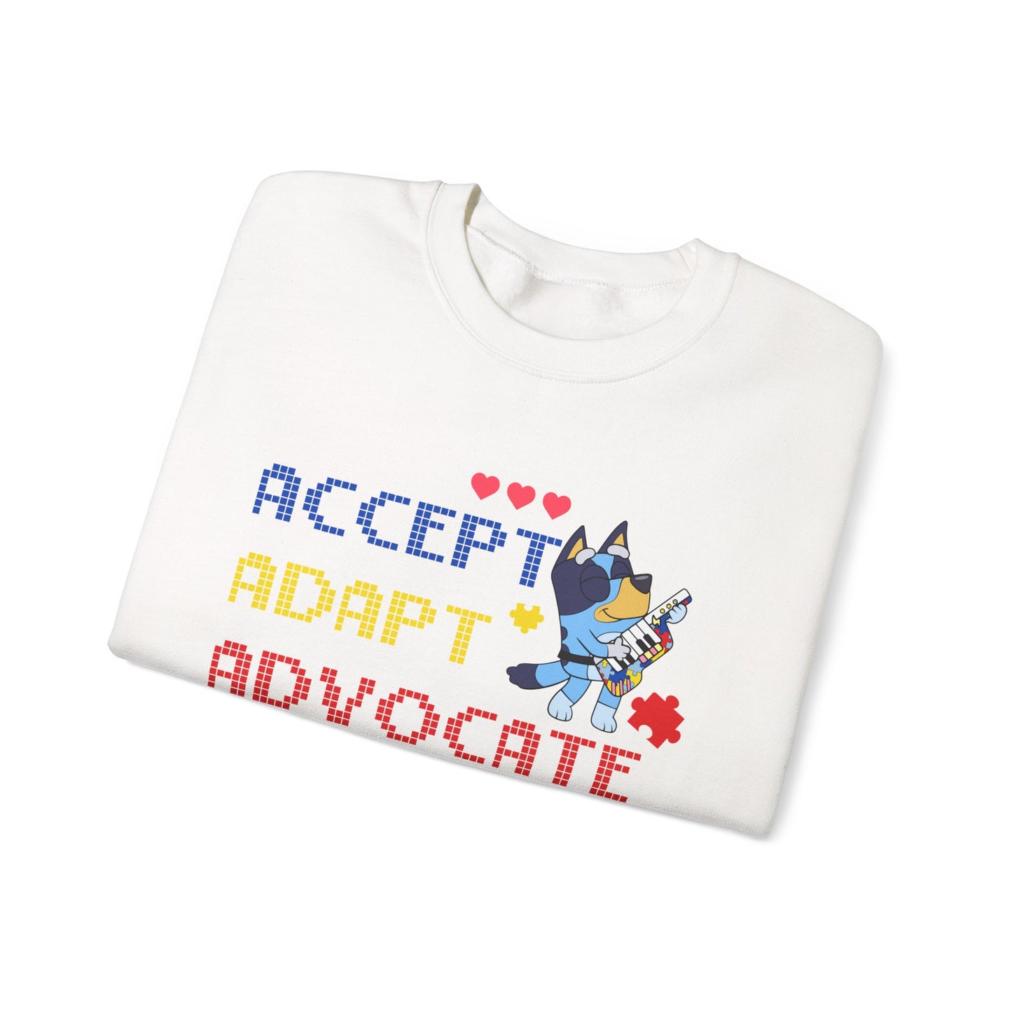 Accept Adapt Advocate Crewneck Sweatshirt — Autism Awareness Sweatshirt with Cute Character