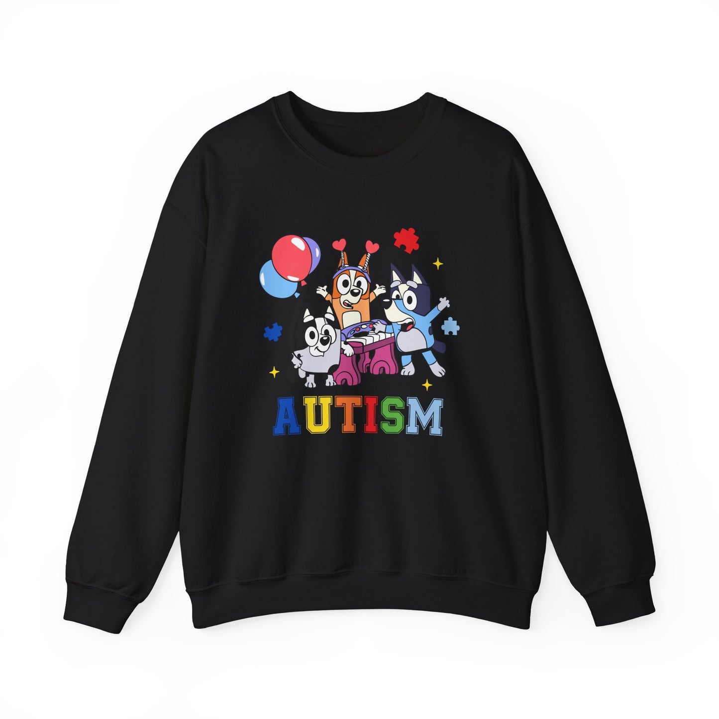 Autism Support Crewneck Sweatshirt — Colorful Bluey-Style Characters & 'AUTISM' Design