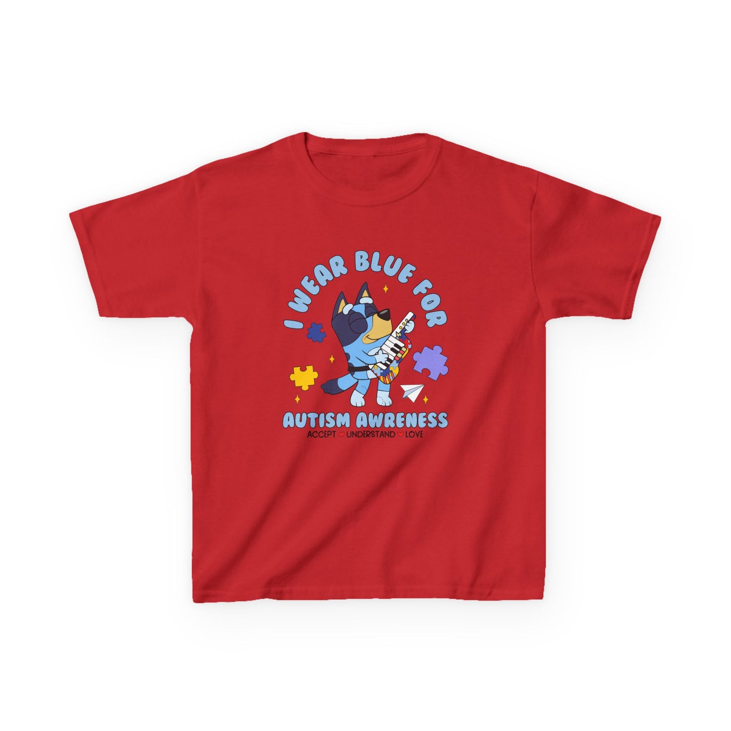 Kids Tee — 'I Wear Blue for Autism Awareness' Cute Puzzle-Heart Design
