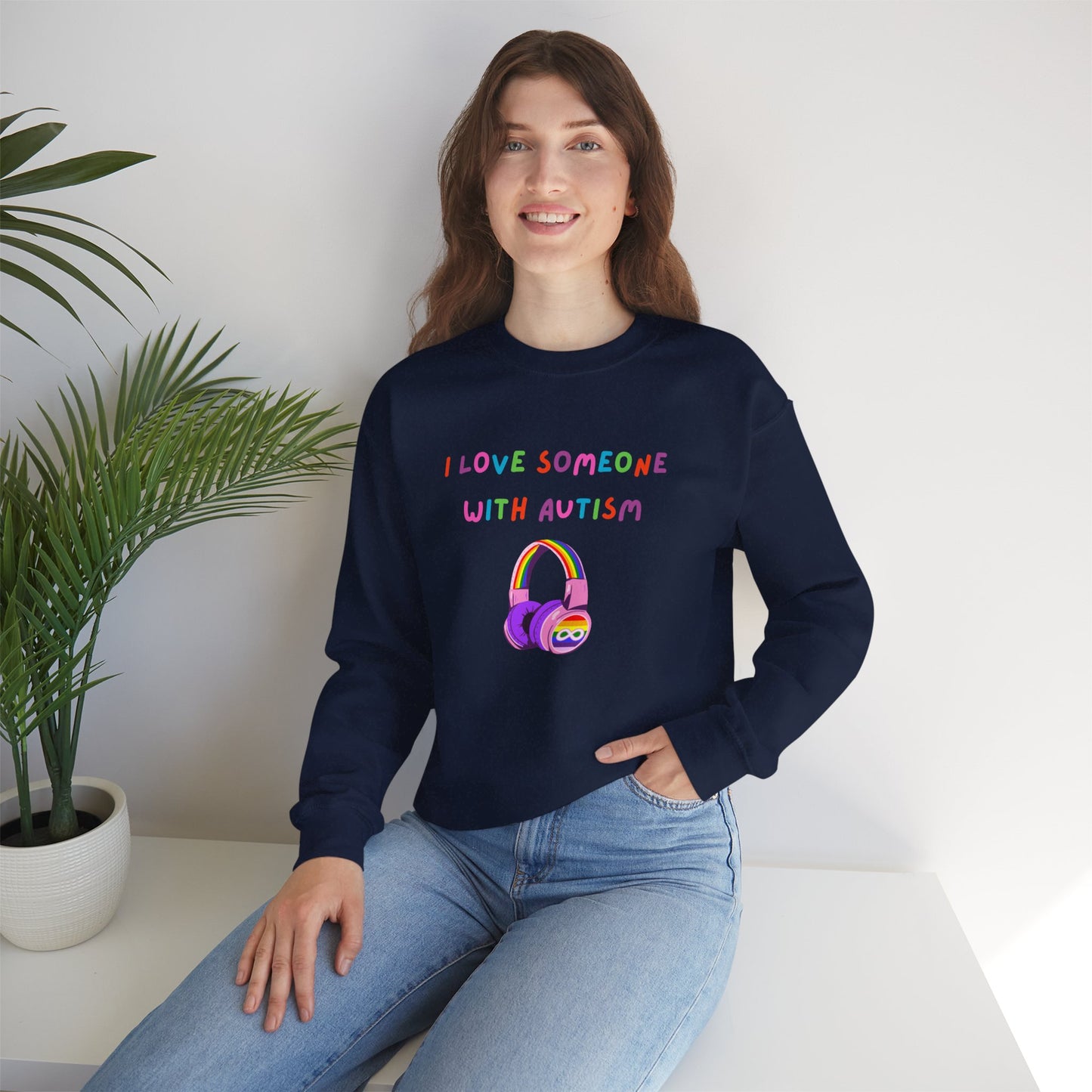Autism Support Crewneck Sweatshirt — "I Love Someone With Autism" Rainbow Headphones