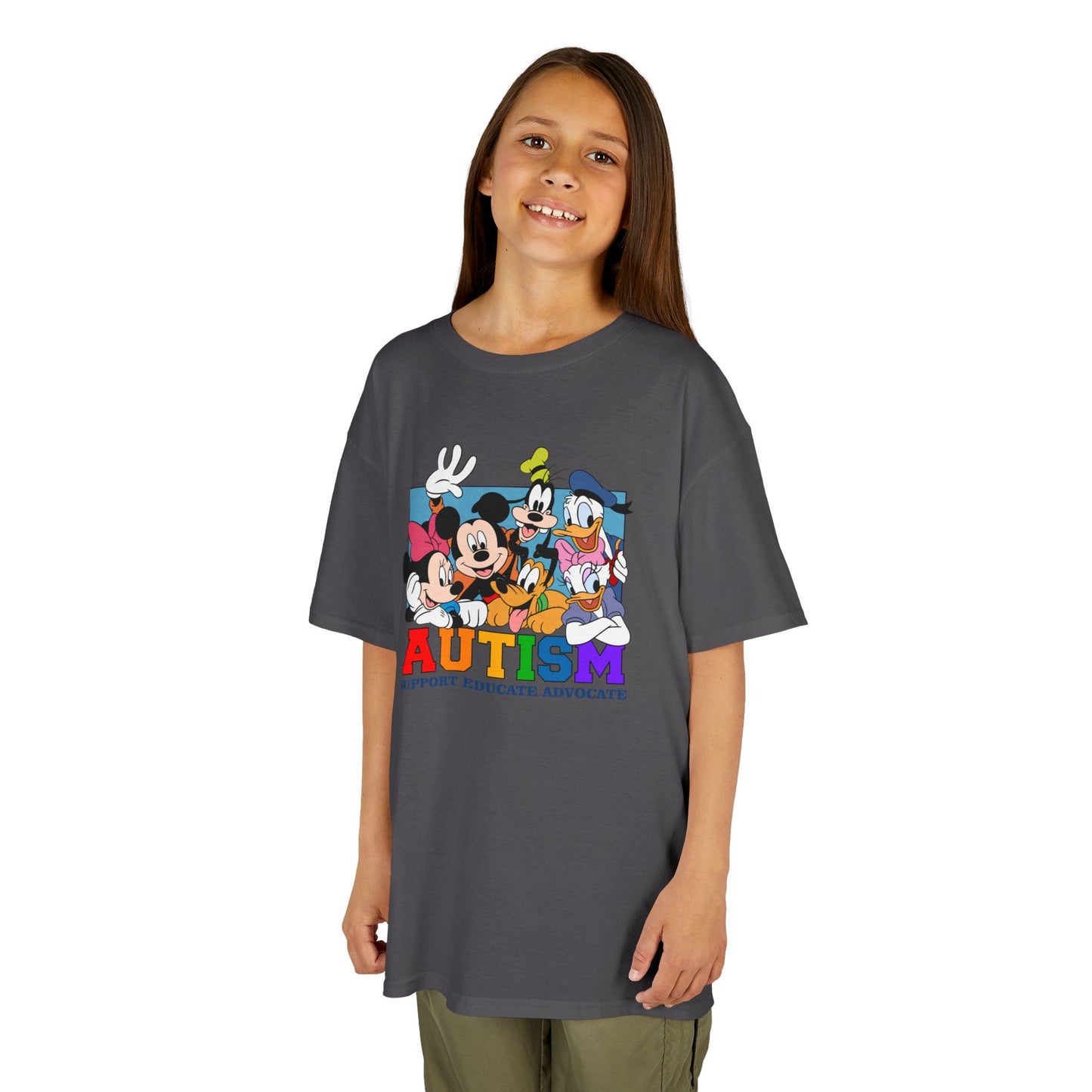 Kids Autism Awareness T-Shirt — Support, Educate, Advocate (Rainbow Letters)