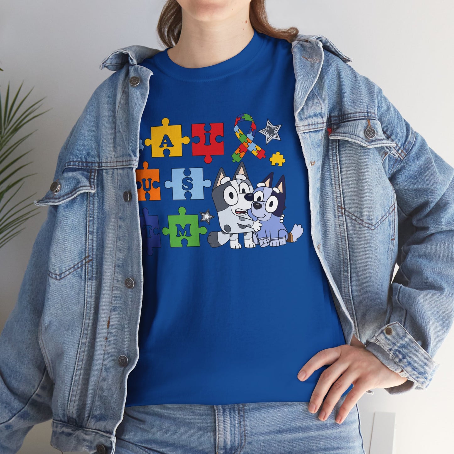 Autism Awareness Puzzle Pieces T-Shirt with Cute Husky & Ribbon