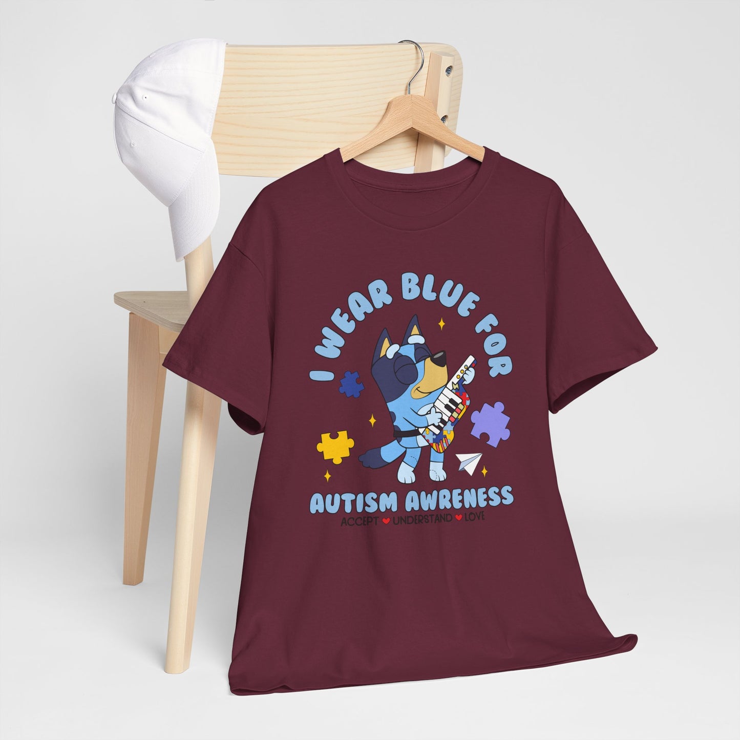 Autism Awareness T-Shirt — "I Wear Blue For" Cute Cat Puzzle Design