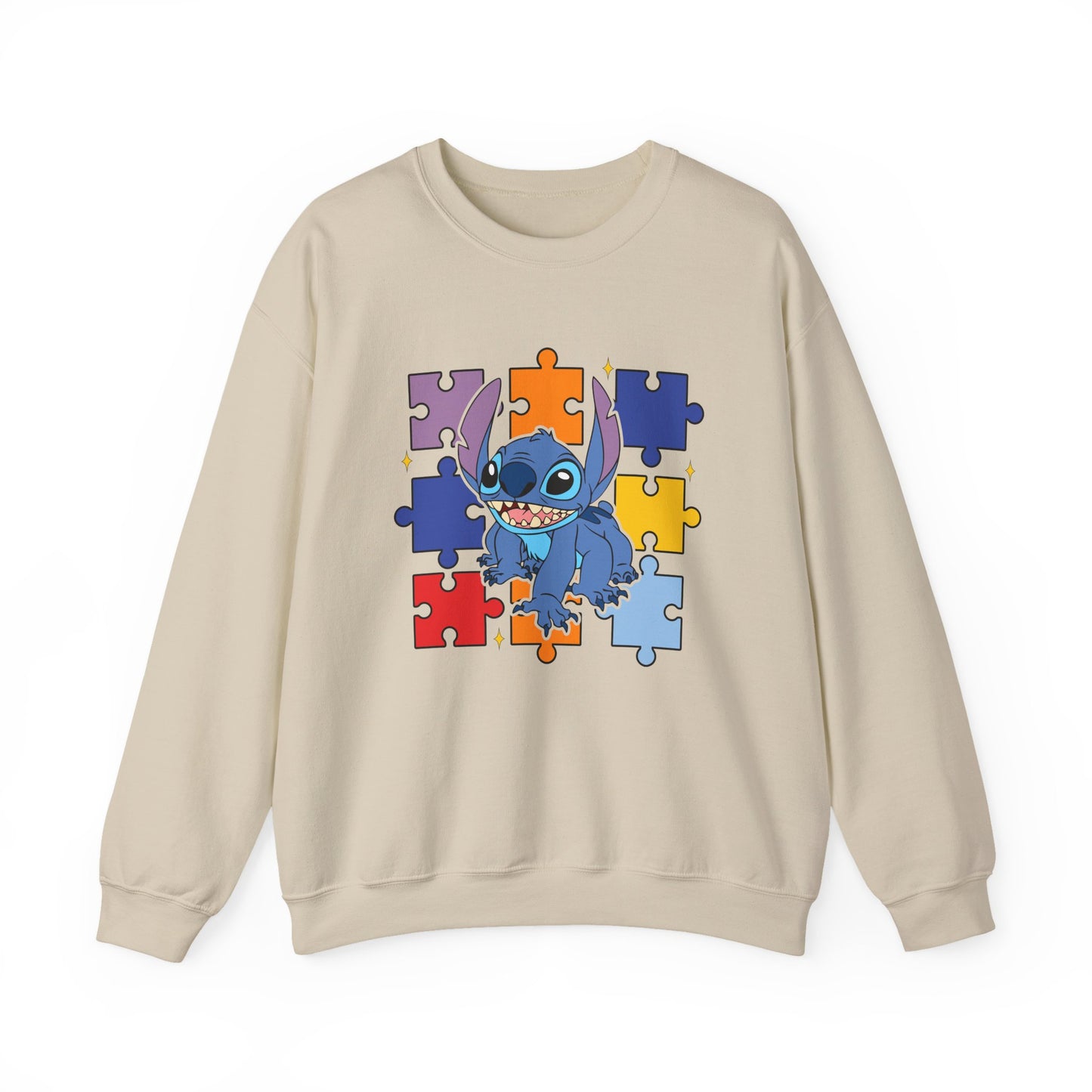 Stitch Puzzle Crewneck Sweatshirt — Cute Blue Alien on Colorful Jigsaw Design