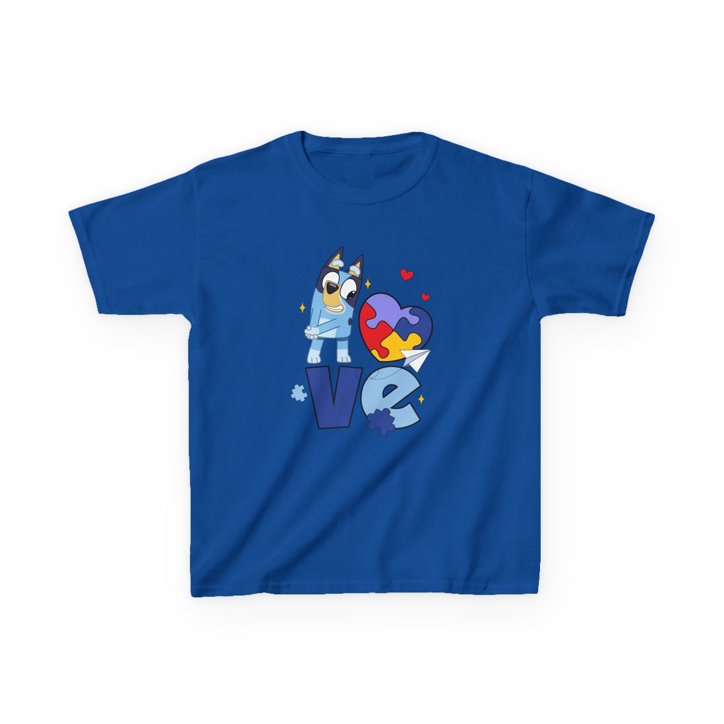 Kids Tee — 'LOVE' Puzzle Heart & Cartoon Character Autism Awareness Shirt