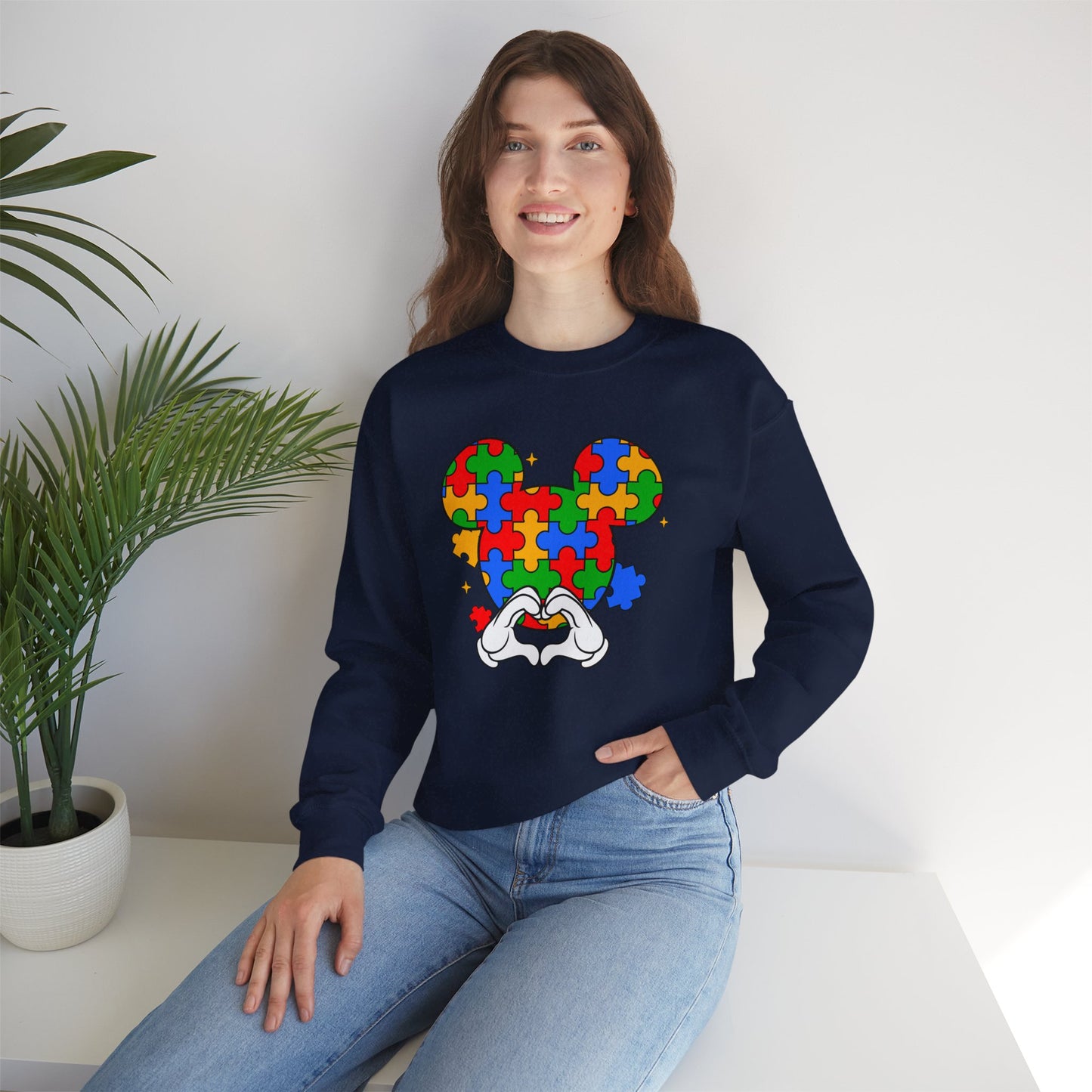 Autism Puzzle Mouse Crewneck Sweatshirt – Colorful Heart Hands Design